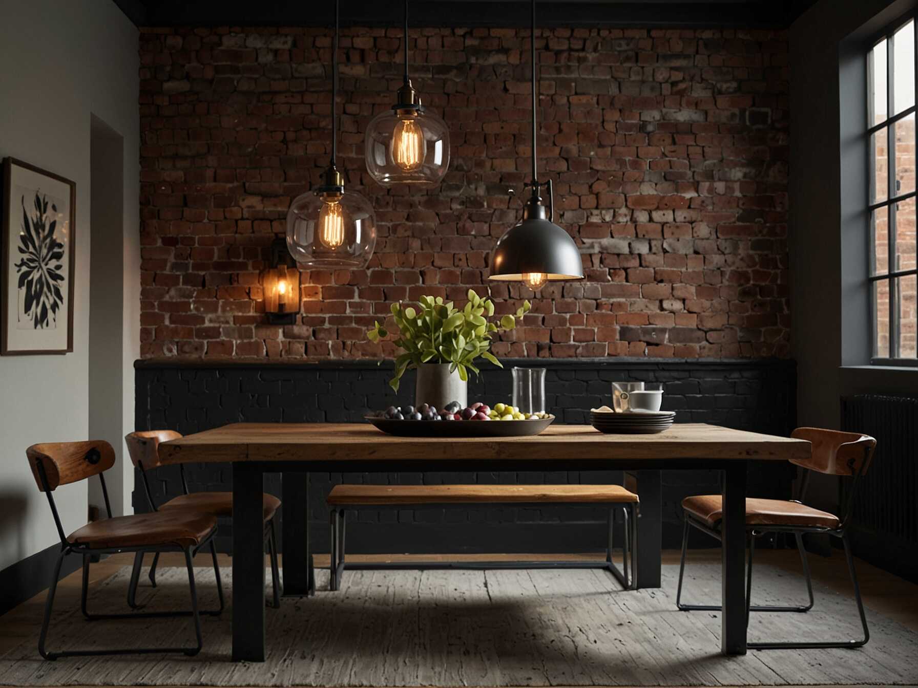  Give your dining room an edgy, industrial feel. Use metal and wood elements. Exposed brick and vintage lighting fixtures add character.  