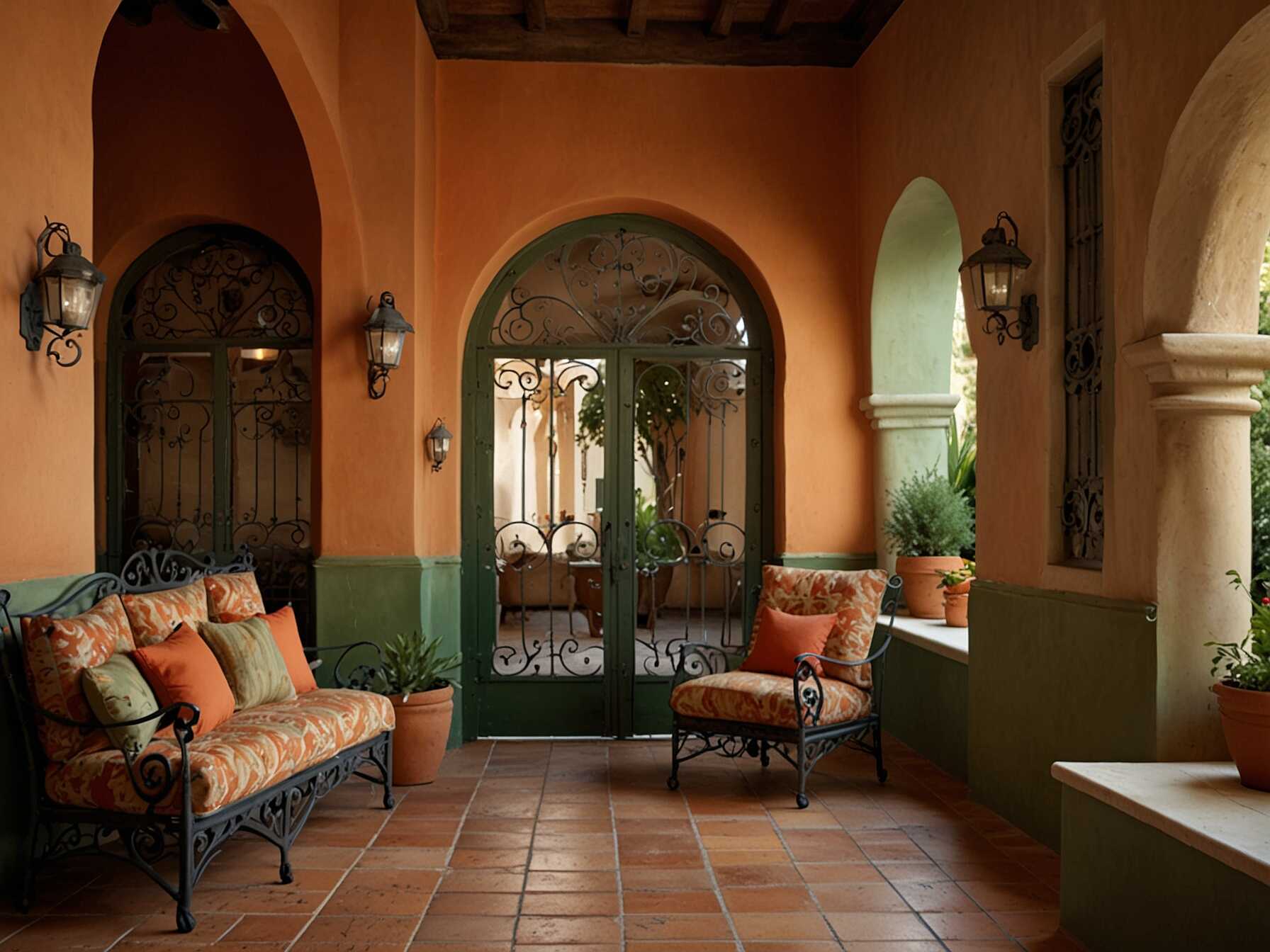  Capture the essence of the Mediterranean. Use warm colors like terracotta and olive green. Add ceramic tiles and wrought iron accents.  