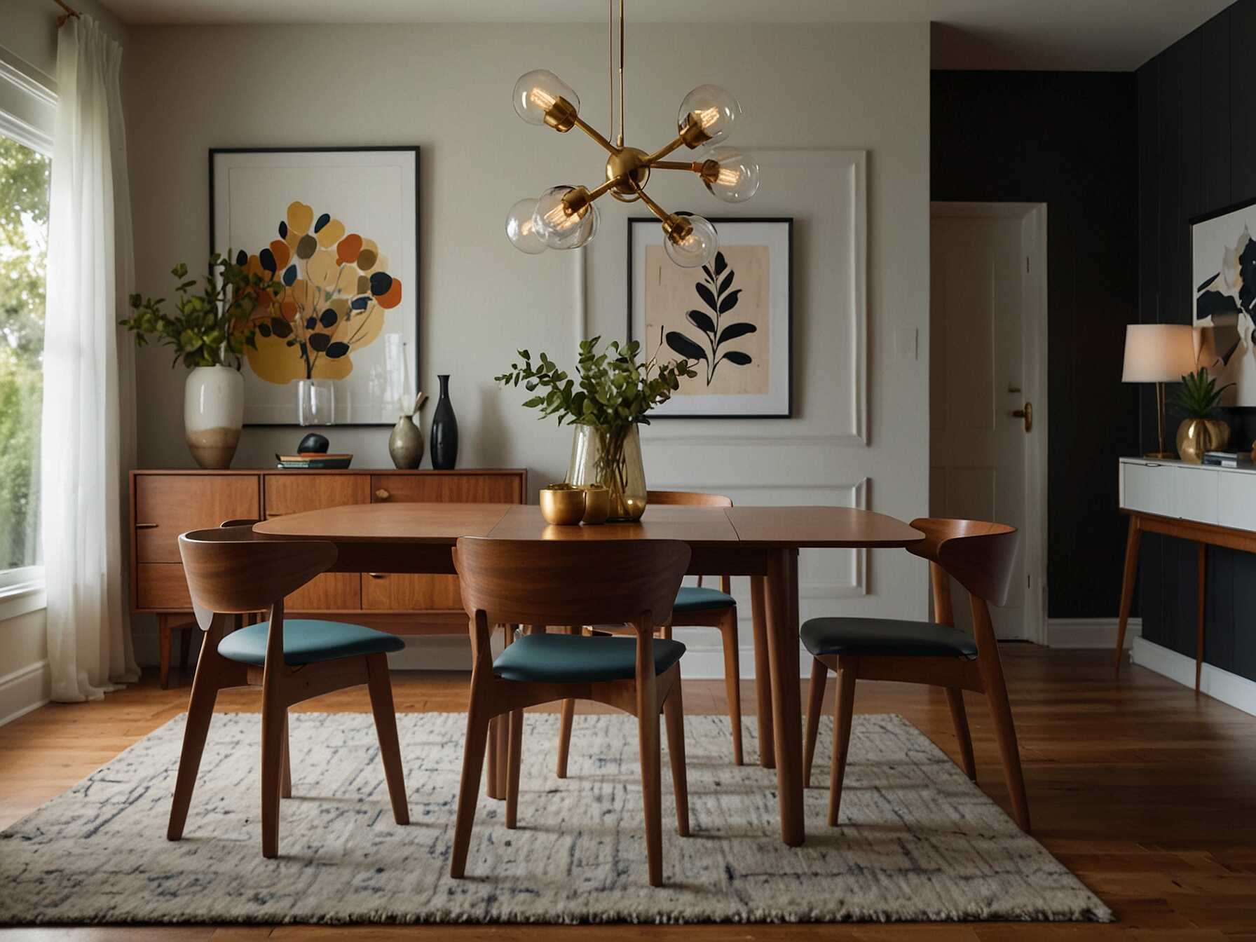  Transform your dining room with a mid-century modern theme. Use sleek furniture with clean lines and wooden accents. Add vintage light fixtures to create a warm and inviting atmosphere.  