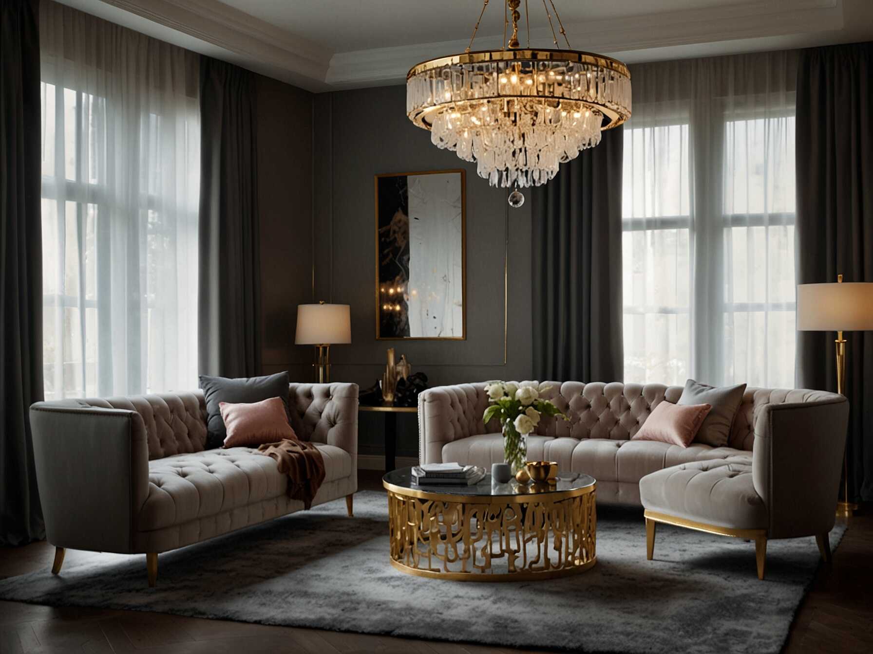  Combine modern design with glamorous accents. Use sleek furniture with metallic finishes. Add crystal chandeliers and luxurious fabrics.  