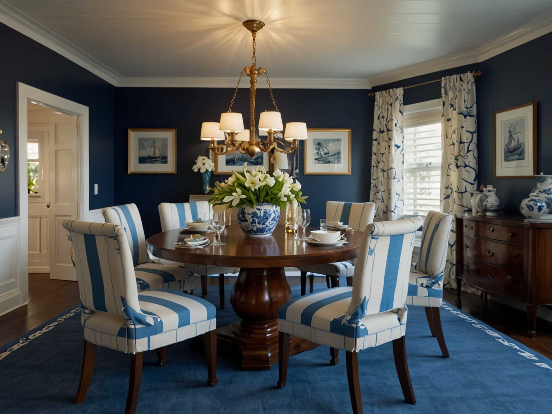  Create a sea-themed dining room. Use blue and white color schemes. Decorate with nautical elements like anchors and ropes.  