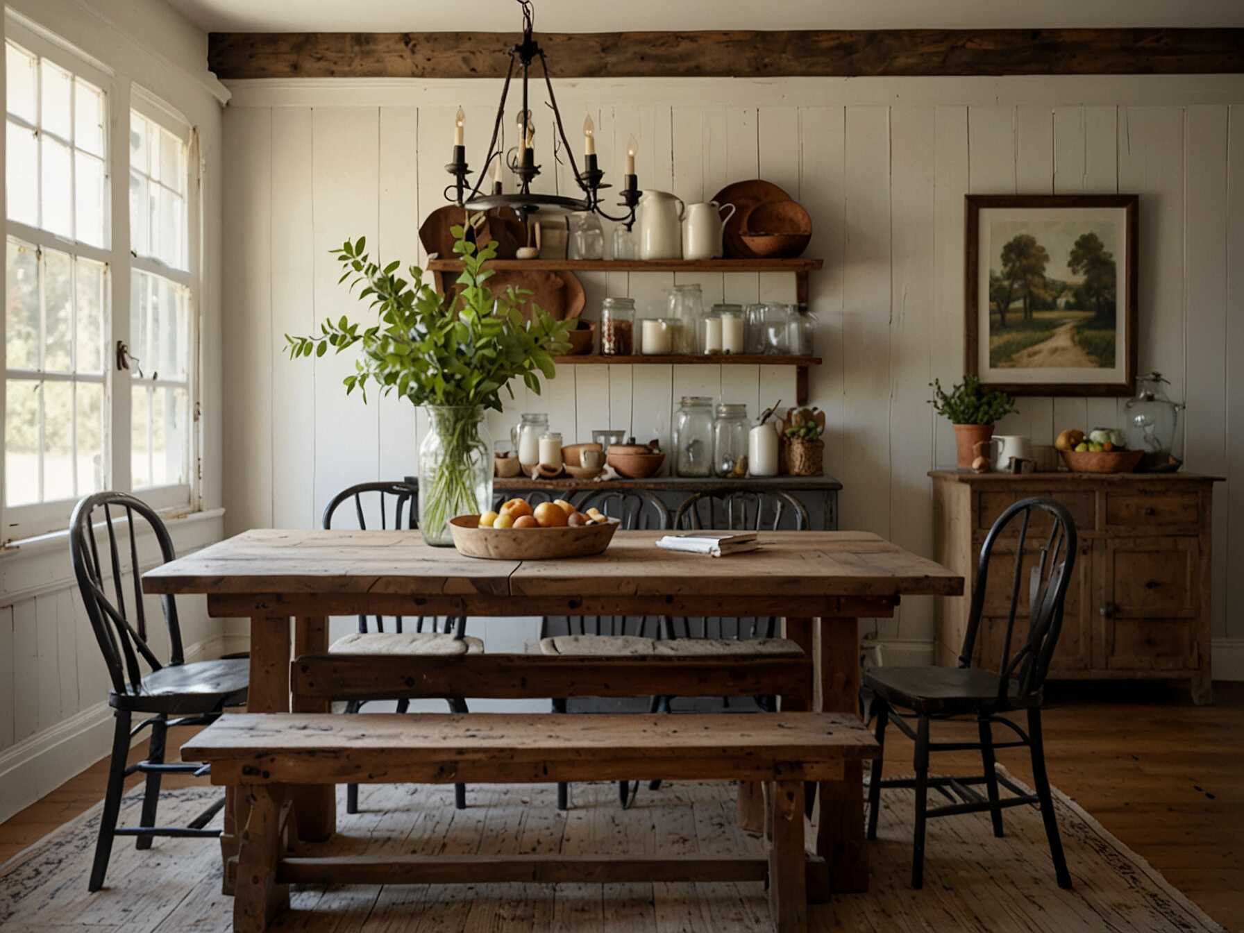  Bring the charm of the countryside into your dining room. Use wooden tables, vintage chairs, and earthy tones. Decorate with farmhouse-style accessories like mason jars and metal accents.  