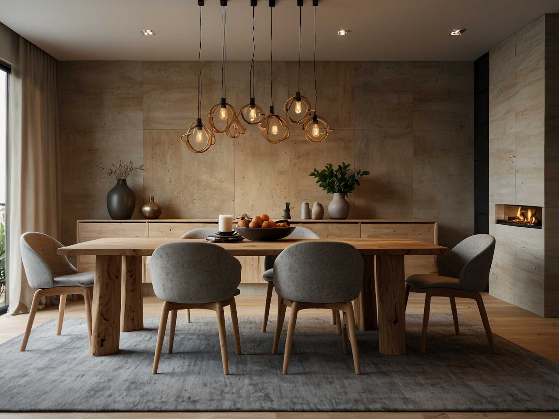  Create a cozy and functional dining space. Use natural materials like wood and stone. Keep the décor minimalist with neutral colors.  