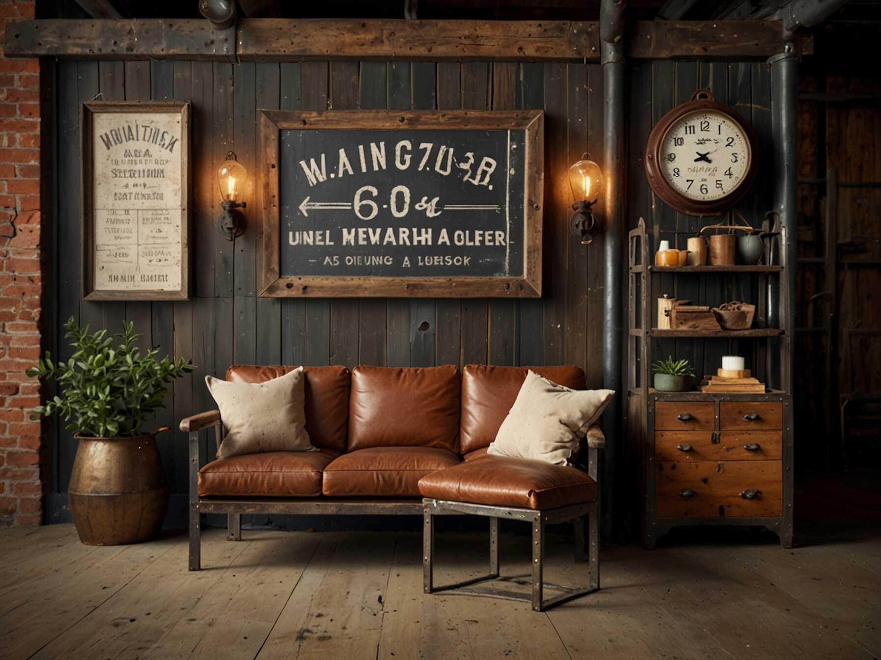  Mix vintage and industrial elements. Use reclaimed wood and metal furnishings. Decorate with vintage signage and rustic accessories.  