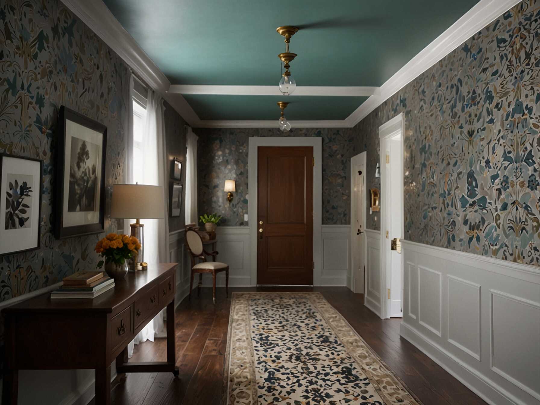 Paint or wallpaper the hallway ceiling. An unexpected color or pattern can make the hallway look taller and more unique.  