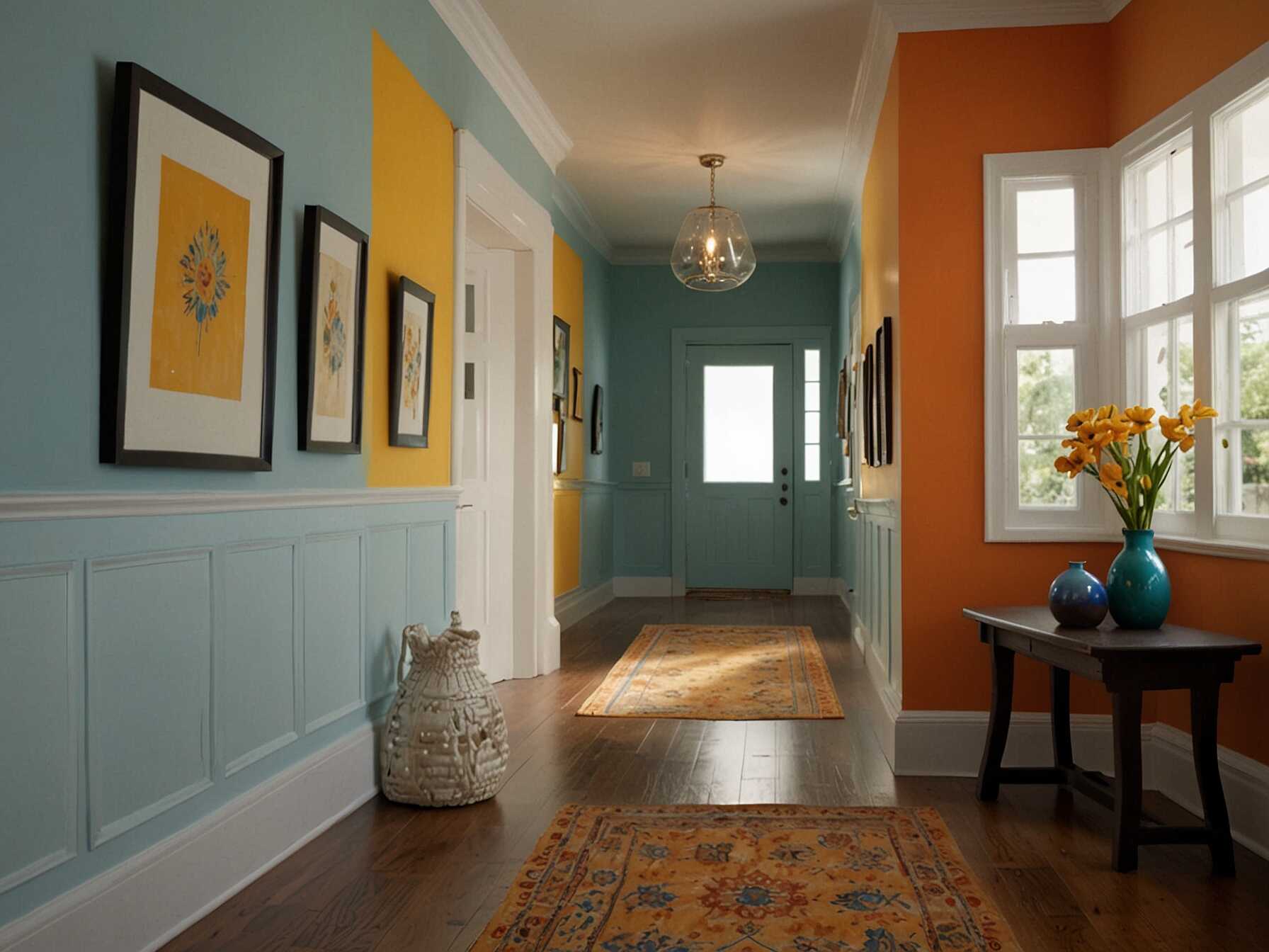 Paint your hallway in bright colors. Yellow, light blue, or even a sunny orange can make the area feel cheerful and more spacious.  