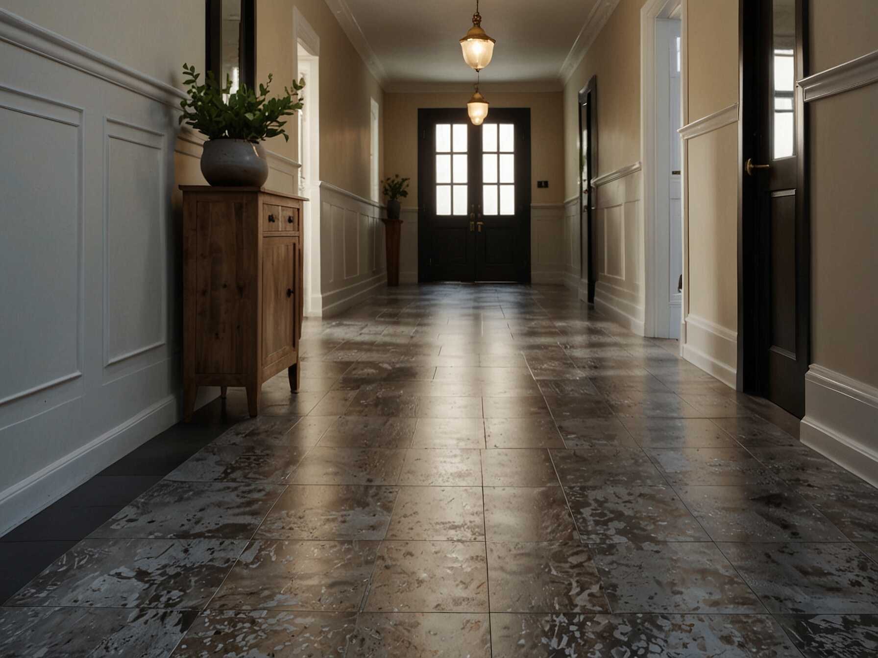 Use decorative tiles for the hallway floor. They are durable and can add a beautiful, patterned effect.  