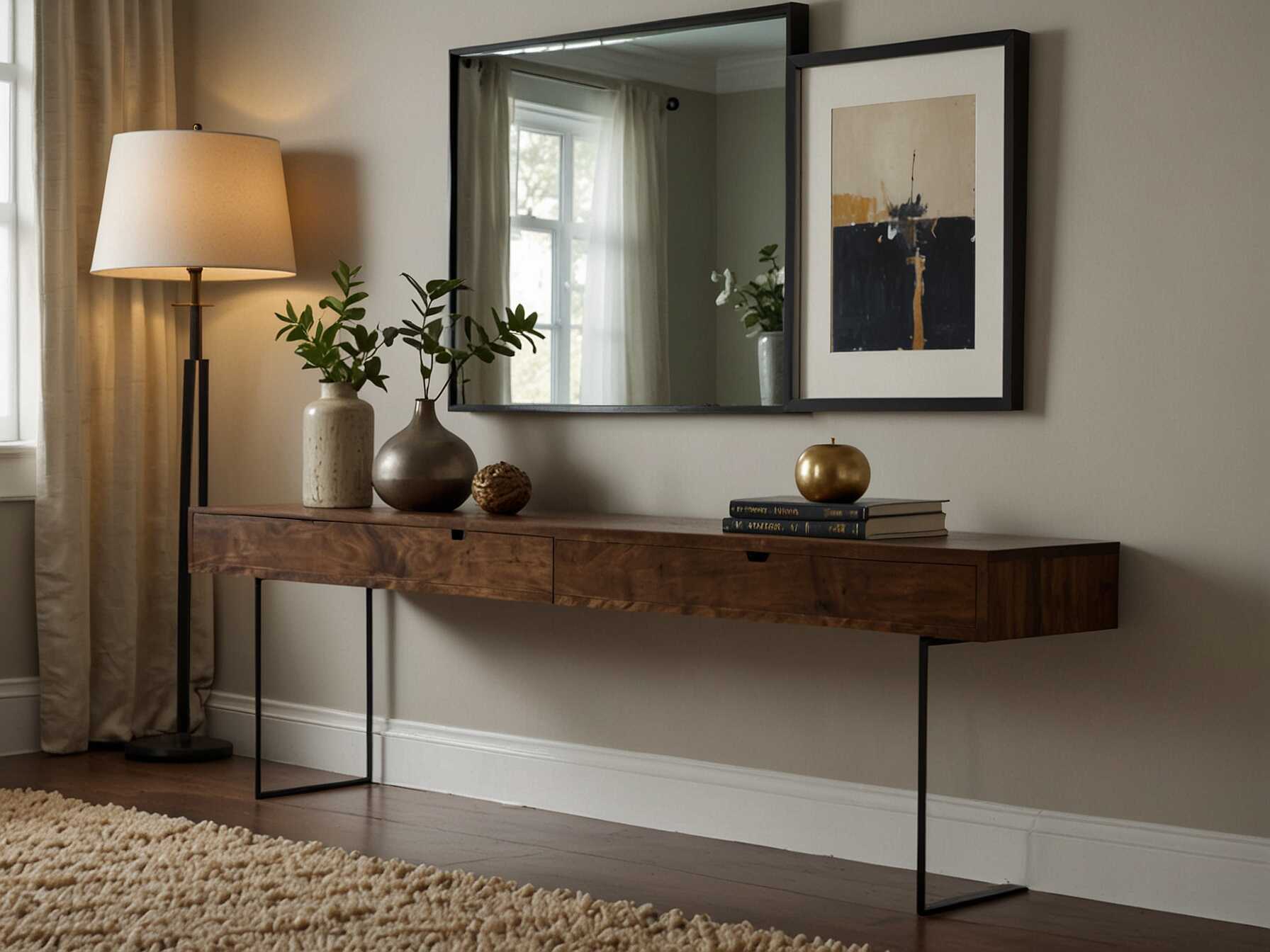 Install a floating console table. It provides space without making the hallway feel cramped and can hold keys or small decor items.  