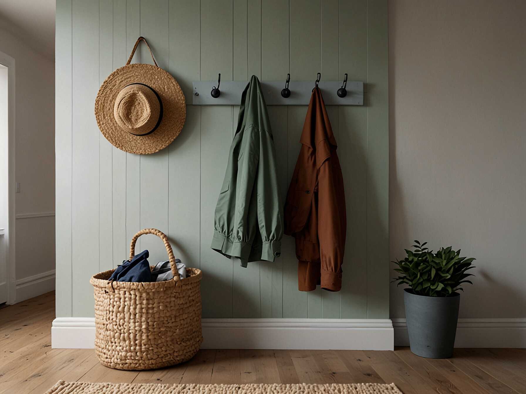 Add stylish hooks or pegs. They can be used for hanging coats and bags, and they bring a functional yet decorative element to your hallway.  