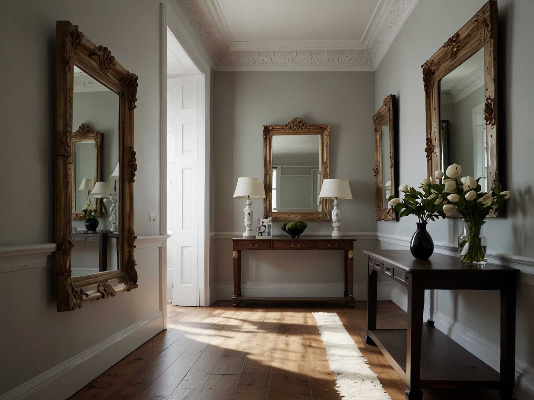 Hang mirrors on the hallway walls. They reflect light and make the hallway appear bigger and brighter.  