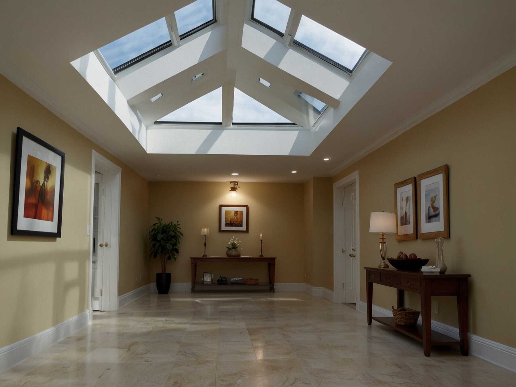 Install skylights if possible. Natural light can significantly brighten and enlarge the appearance of any hallway.  