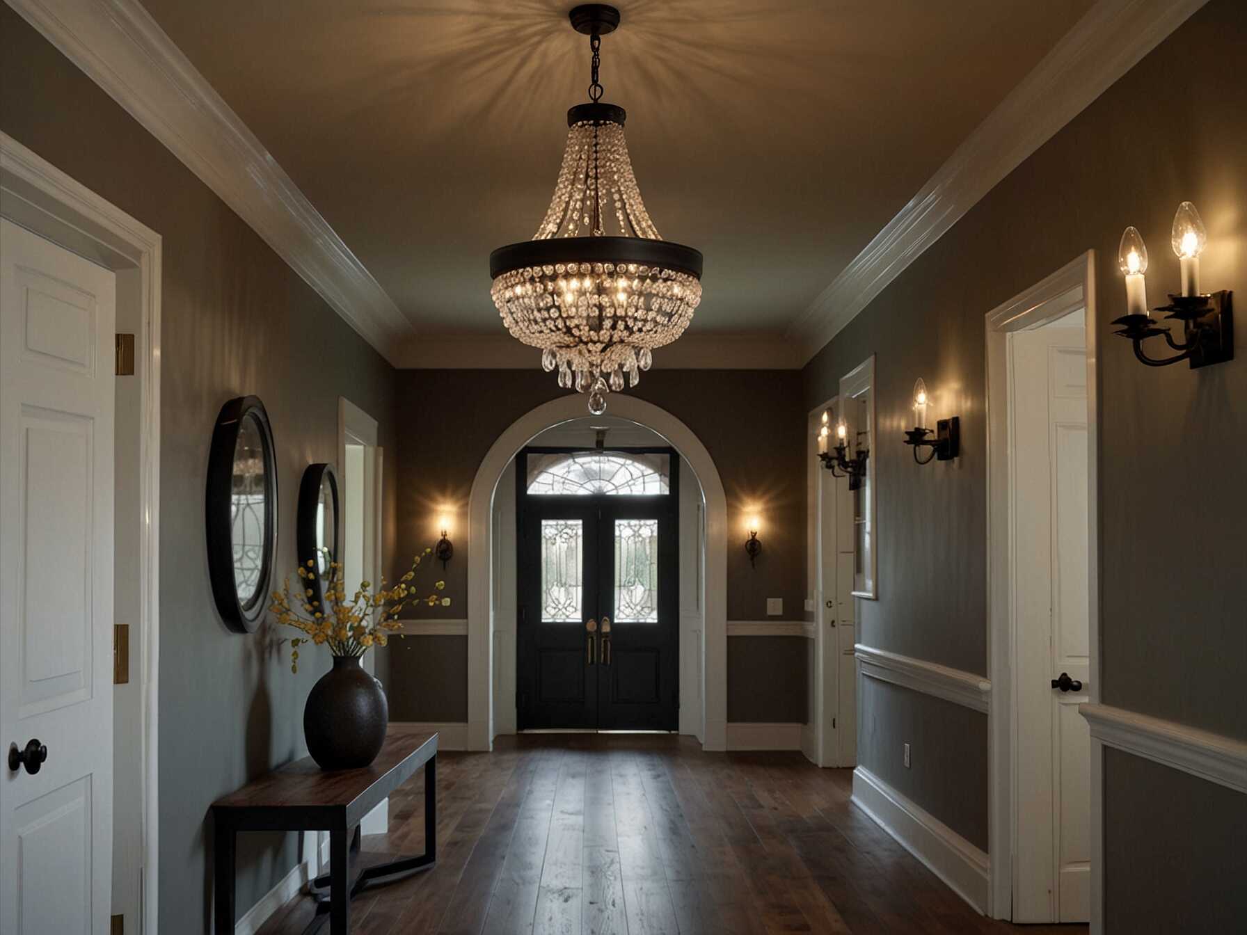 Install a statement light fixture. A chandelier or a bold pendant light can add character and brighten up the hallway.  