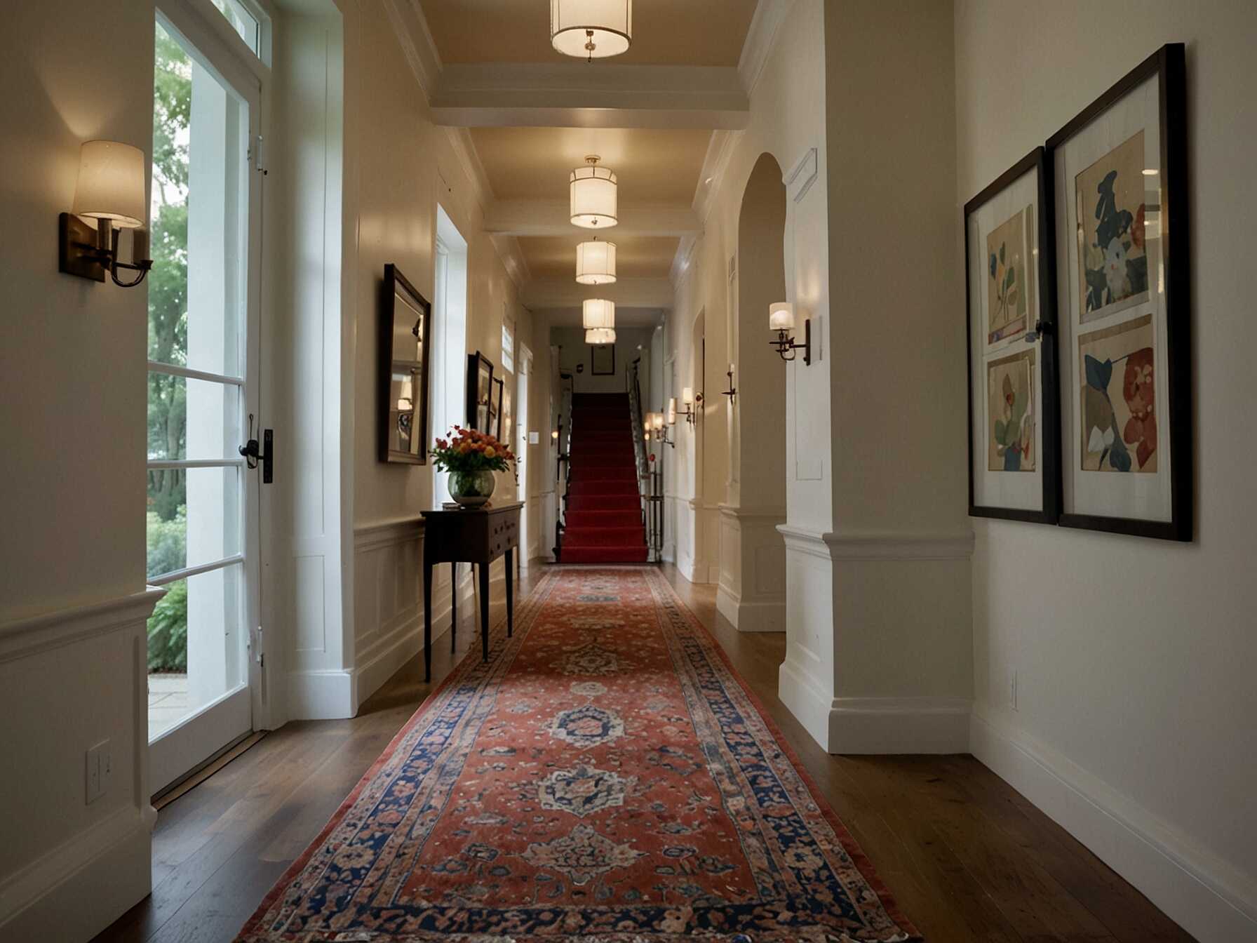 Add stylish rugs along the length of the hallway. They can add warmth and color without overwhelming the space.  