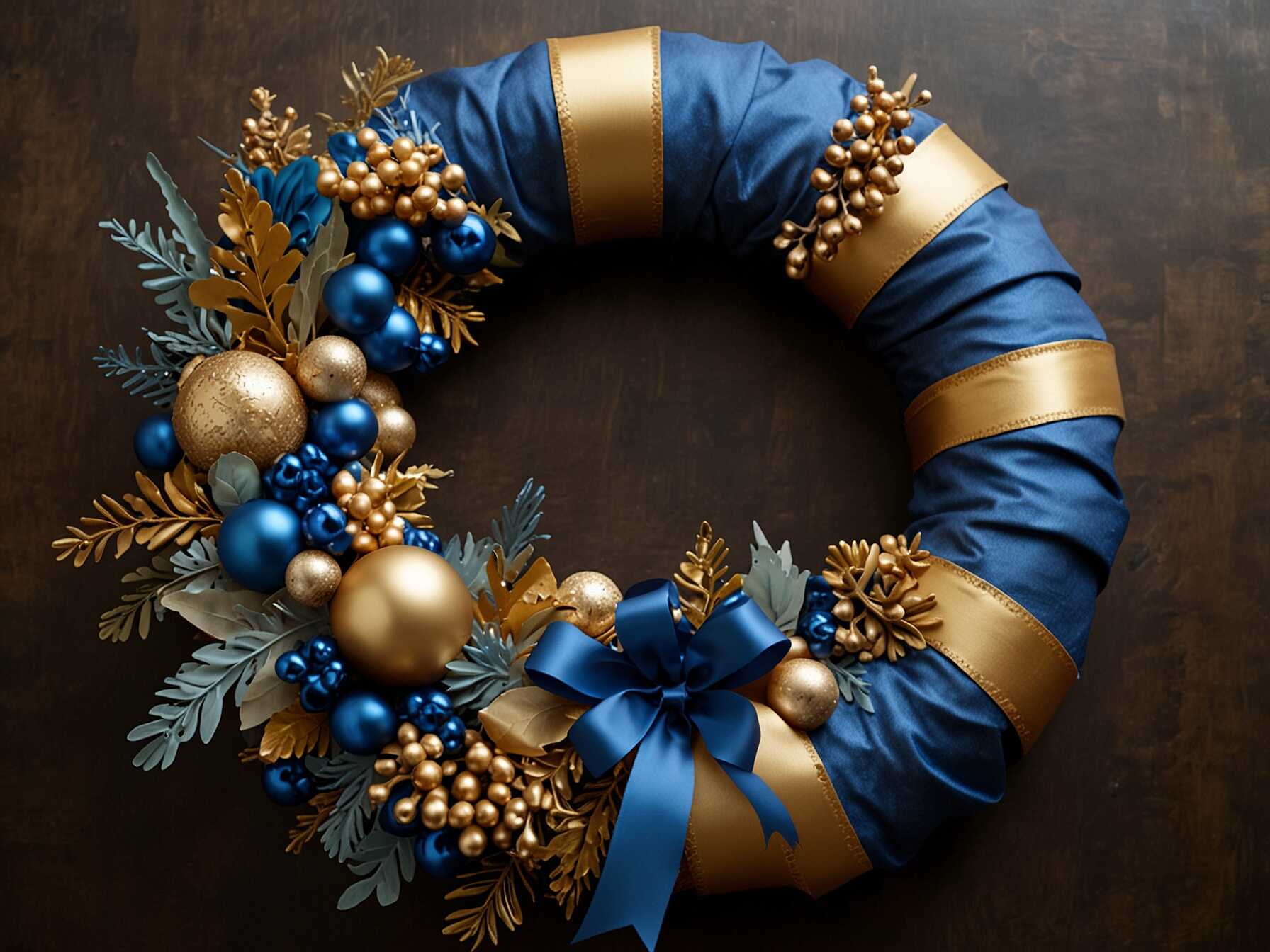  Blend blue and gold for a sophisticated wreath. Use gold leaves, berries, and ornaments.  Wrap a gold ribbon around the wreath for extra flair. The gold adds warmth to the cool blue.  This idea works well for elegant holiday parties. It adds a touch of luxury to your decor.  