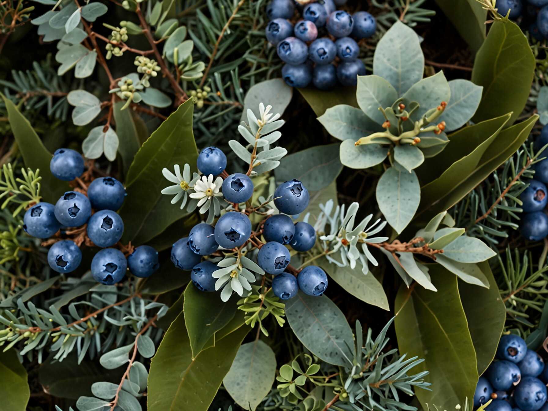  Combine blue decorations with natural green elements. Use eucalyptus, fir, and holly leaves.  Add blue berries and flowers. This mix looks fresh and lively.  Perfect for nature lovers. It brings the outdoor beauty inside.  