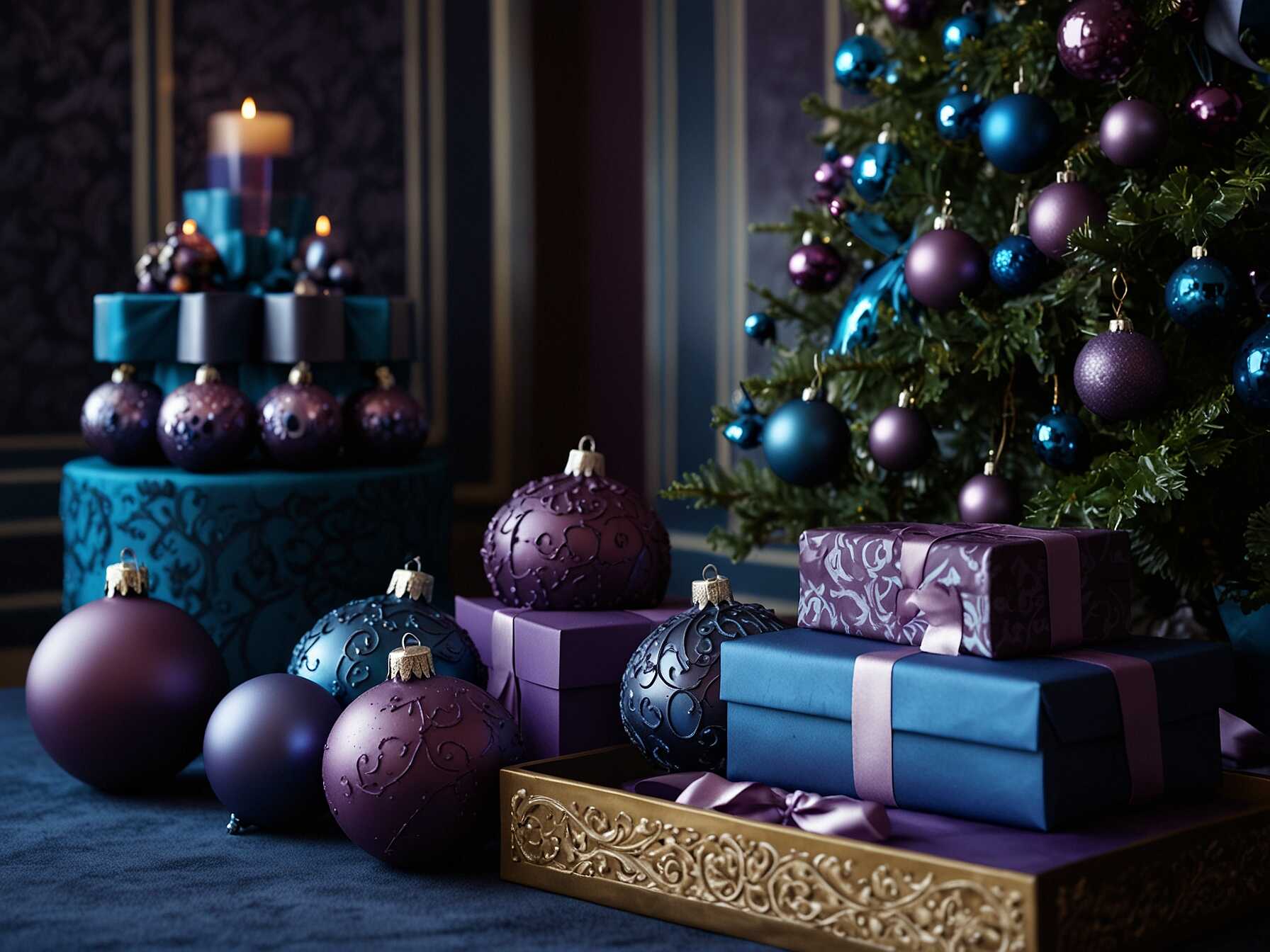  Combine blue with purple for a rich, royal look. Use purple ornaments and ribbons.  Mix them with blue elements for a bold design. The colors blend beautifully together.  Great for those who love striking colors. It adds a regal touch to your decor.  