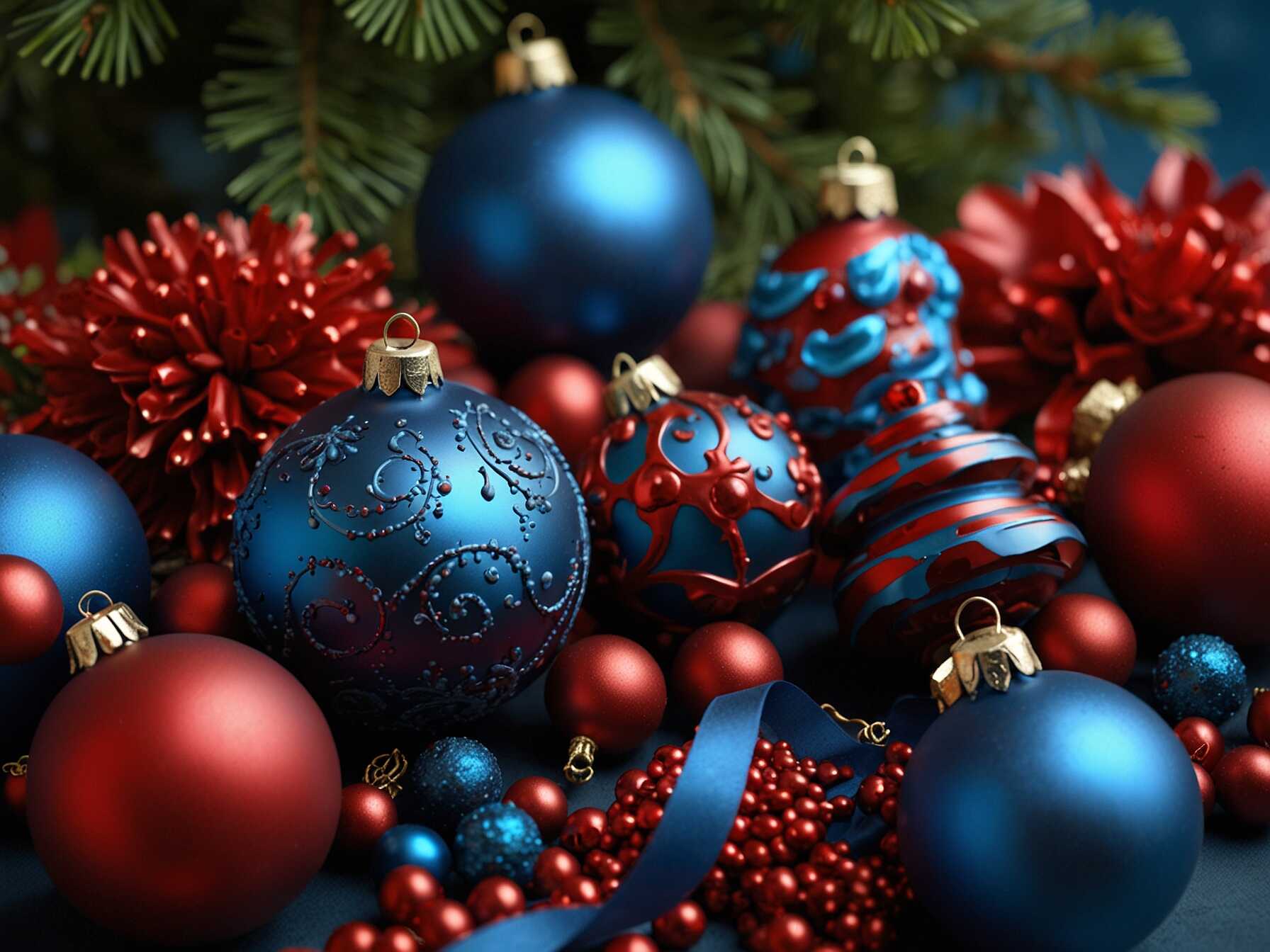  Blend blue with traditional red elements. Use red baubles, berries, and ribbons.  The blue adds a twist to the classic red holiday decor. It looks both festive and unique.  Perfect for those who love bold colors. It adds an exciting contrast.  