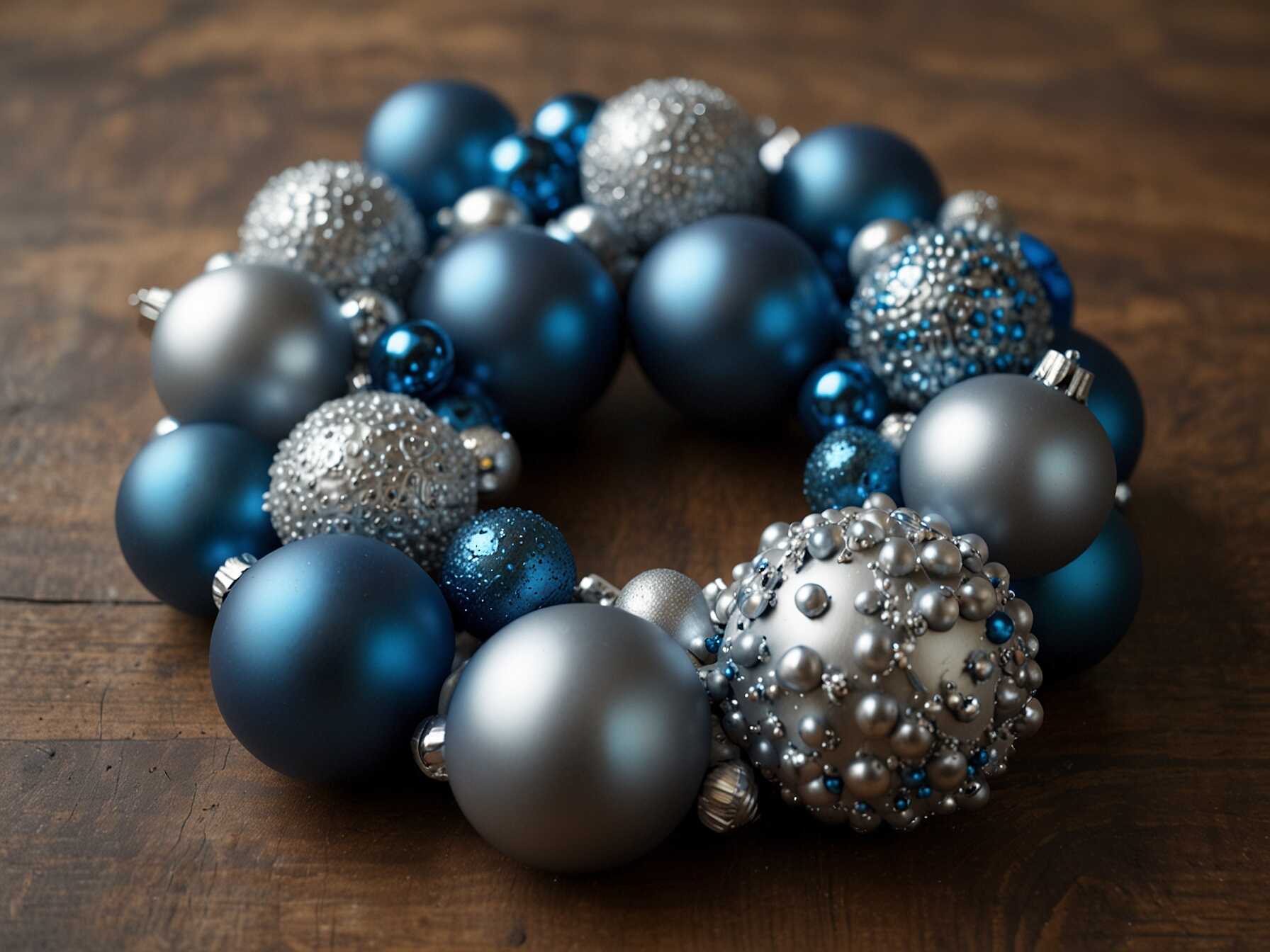  Cover your wreath with blue and silver baubles. Use different sizes and textures for variety.  Attach the baubles using hot glue. Make sure they are spaced out evenly.  This design shines brightly. It adds a festive touch to any room.  