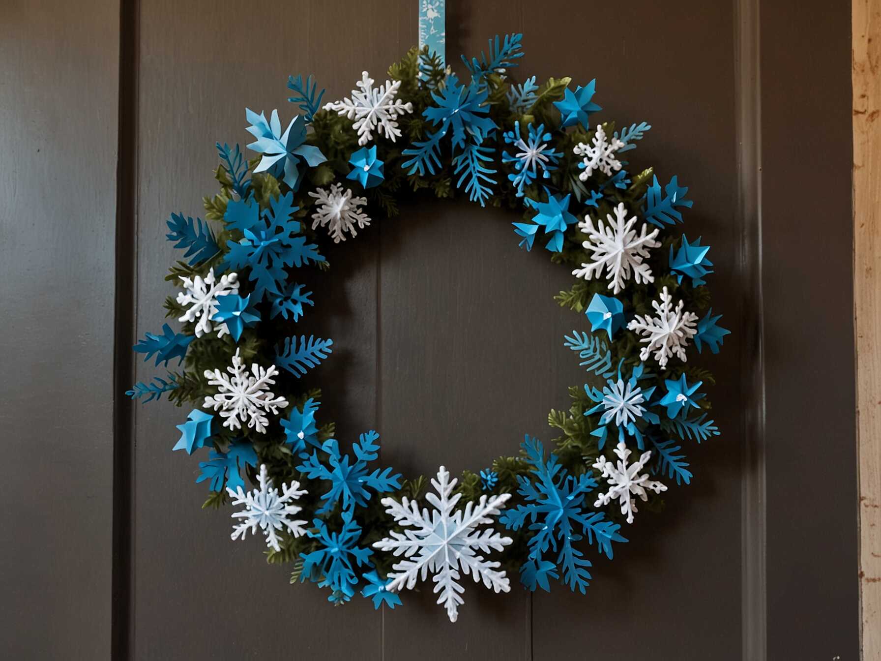  Hang blue and white snowflakes on your wreath. You can buy them or make your own from paper or foam.  Mix different sizes for depth. Add some tiny fairy lights to make it sparkle.  This theme is great for a snowy look. It adds a cool, crisp feel to your decor.  