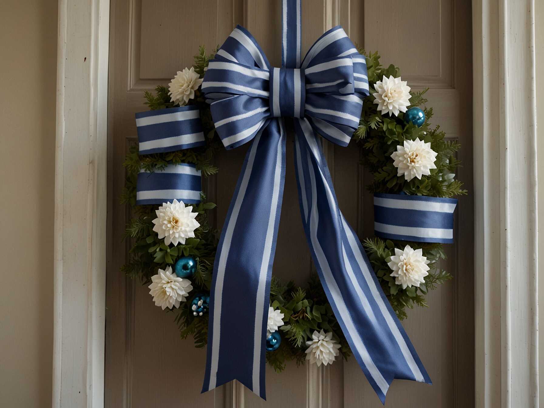  Wrap a blue and white striped ribbon around your wreath. The stripes add a fun and playful touch.  Tie a big bow at the top or bottom. Mix in some white flowers or ornaments for a complete look.  This design is simple yet striking. It fits nicely with many decor styles.  