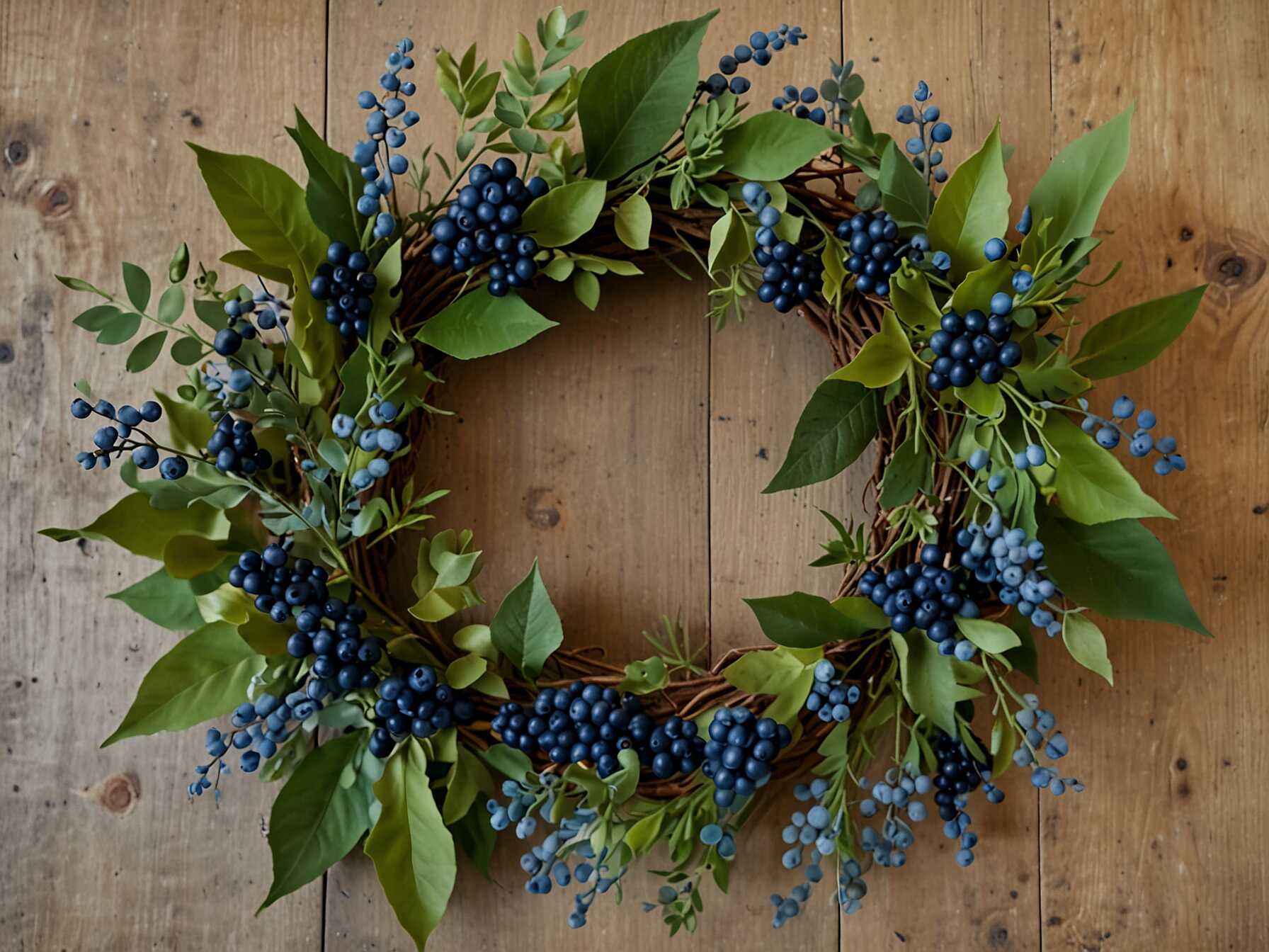  Decorate your wreath with blue berries and greenery. Mix in different types of leaves for texture.  Add a few blue flowers for extra color. This natural look feels fresh and vibrant.  Perfect for those who love earthy tones. It brings nature into your home.  