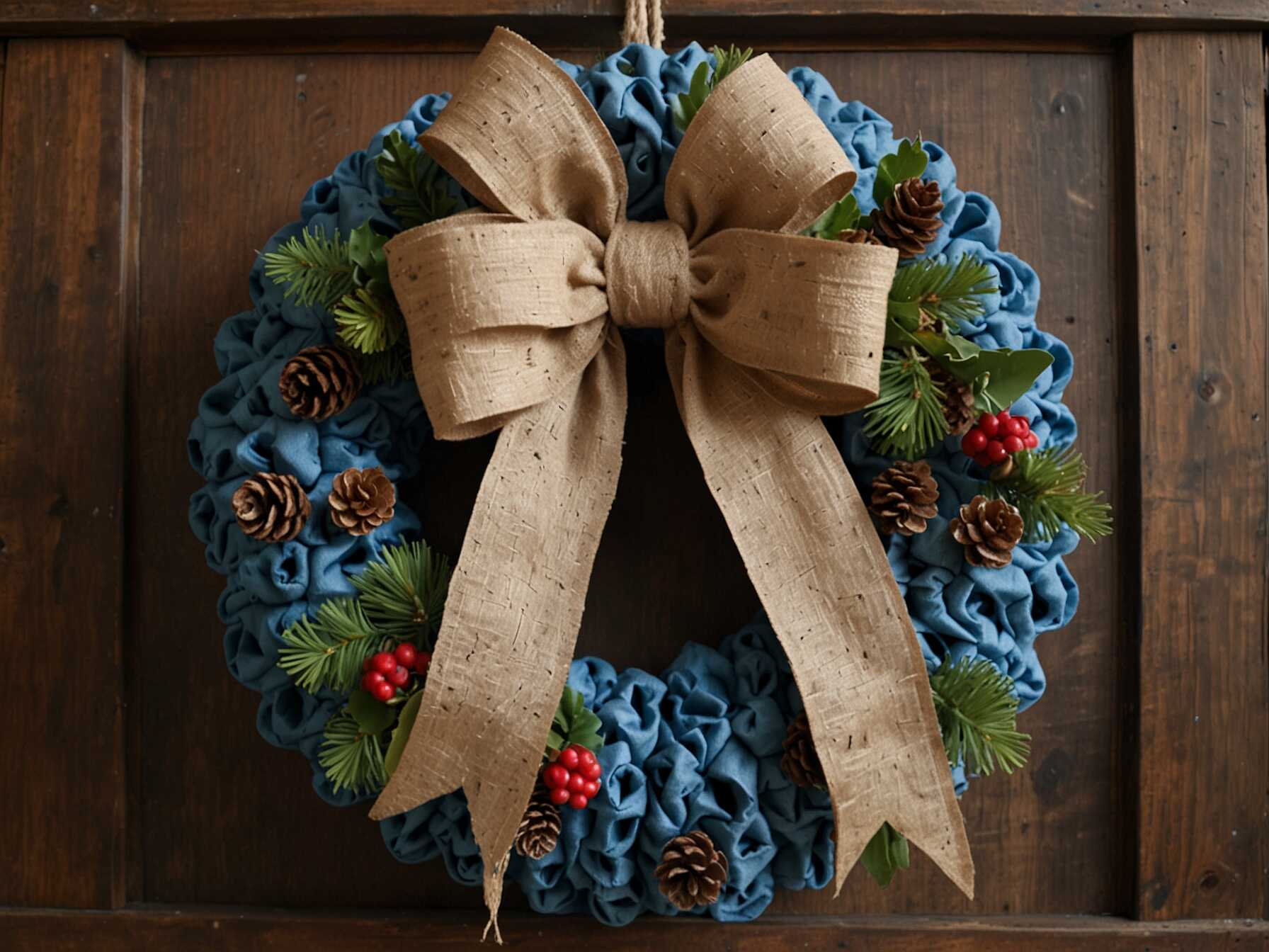  Use blue burlap ribbon for a rustic look. Wrap it around the wreath and tie a bow.  Mix in some natural elements like pine cones and berries. This creates a warm, cozy feel.  Perfect for country-style homes. It adds a touch of farmhouse charm.  