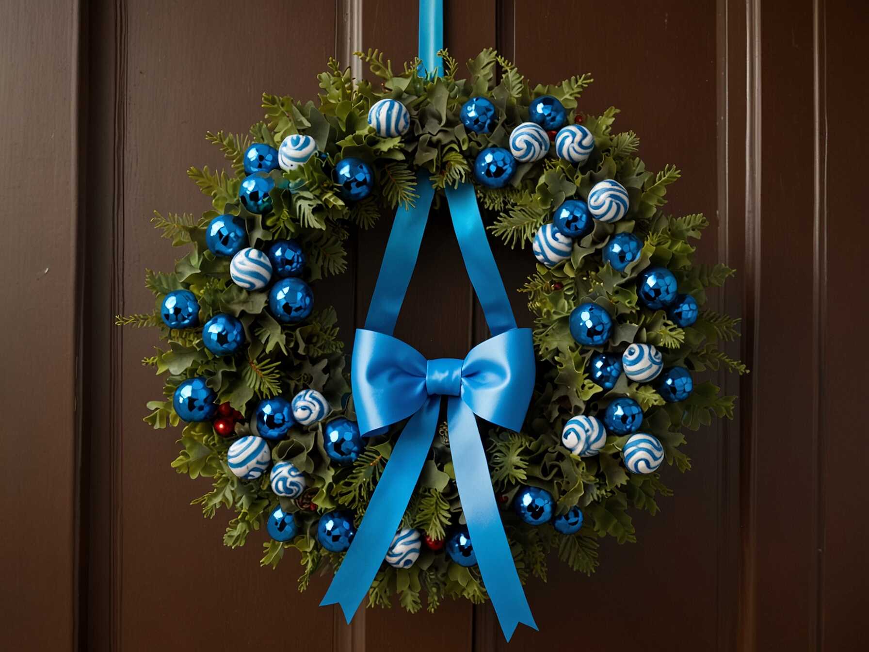  Add blue candy canes for a sweet touch. Use real or faux candy canes from the store.  Scatter them evenly around the wreath. Add a big blue bow for a final touch.  This playful idea is great for all ages. Kids and adults will love the festive look.  