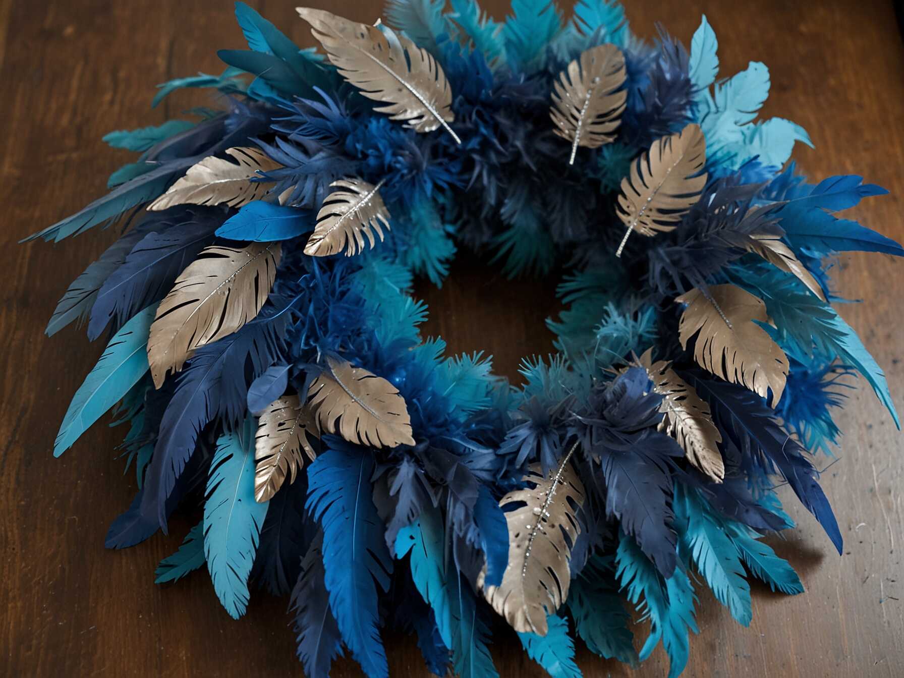  Use blue feathers for a unique look. Scatter them around your wreath for texture.  Mix them with some silver or white elements. The feathers add a soft, elegant touch.  Great for a whimsical theme. It adds a touch of fantasy to your decor.  