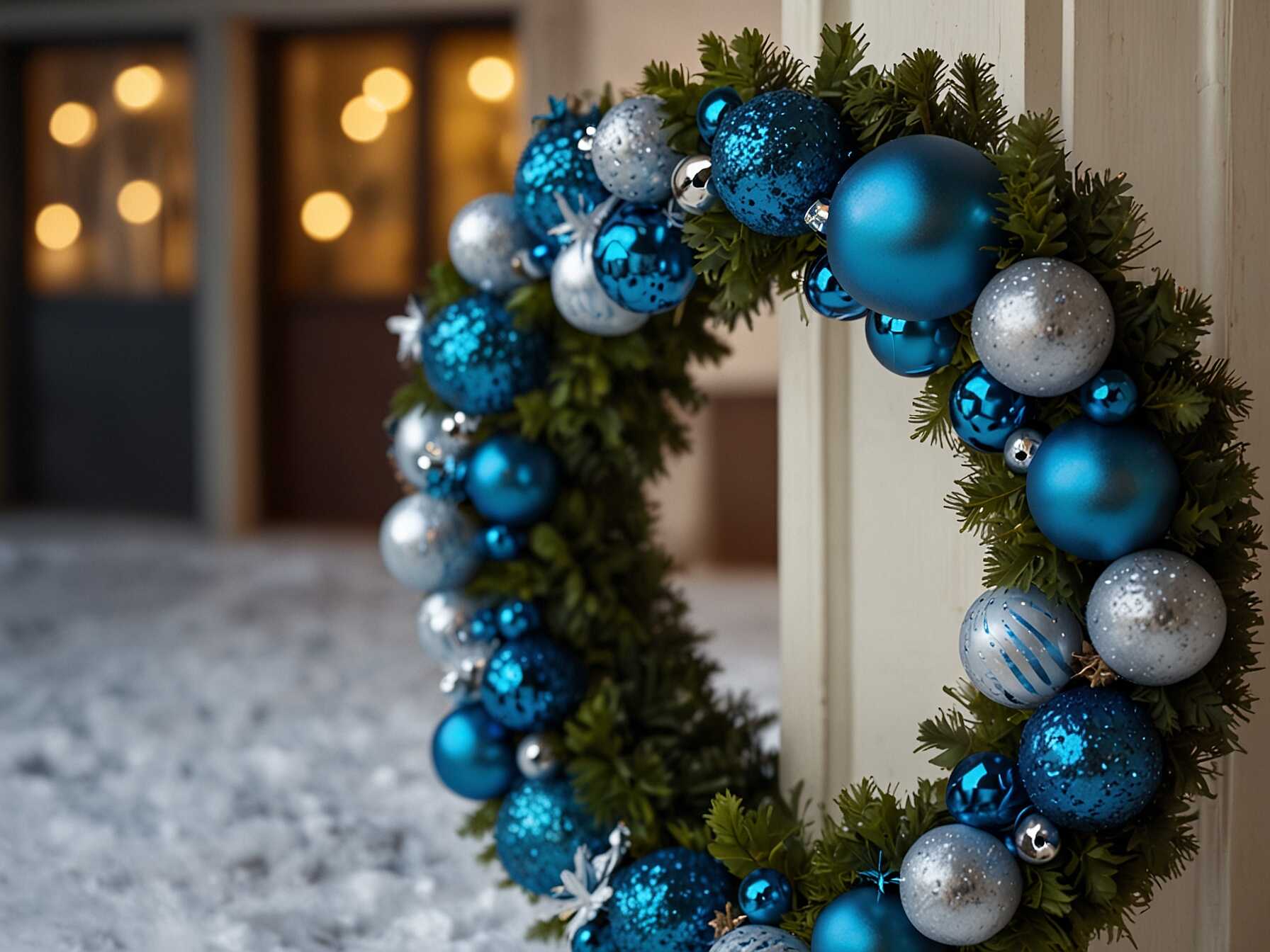  Add blue glitter ornaments for sparkle. Use glittered baubles, stars, or snowflakes.  Mix them in evenly around the wreath. Add some fairy lights to make it shine.  This idea adds a lot of sparkle. Perfect for those who love shine and glitz.  