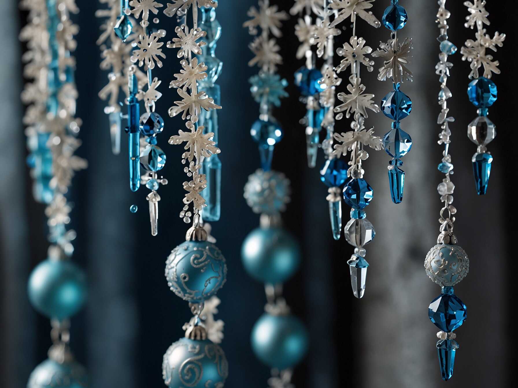  Add ice crystal ornaments for a frosty look. You can find them in stores or make your own from clear beads.  Mix in blue elements like ribbons or small baubles. The crystals add a shimmering effect.  This theme looks very wintry. It's great for a cool, icy vibe.  