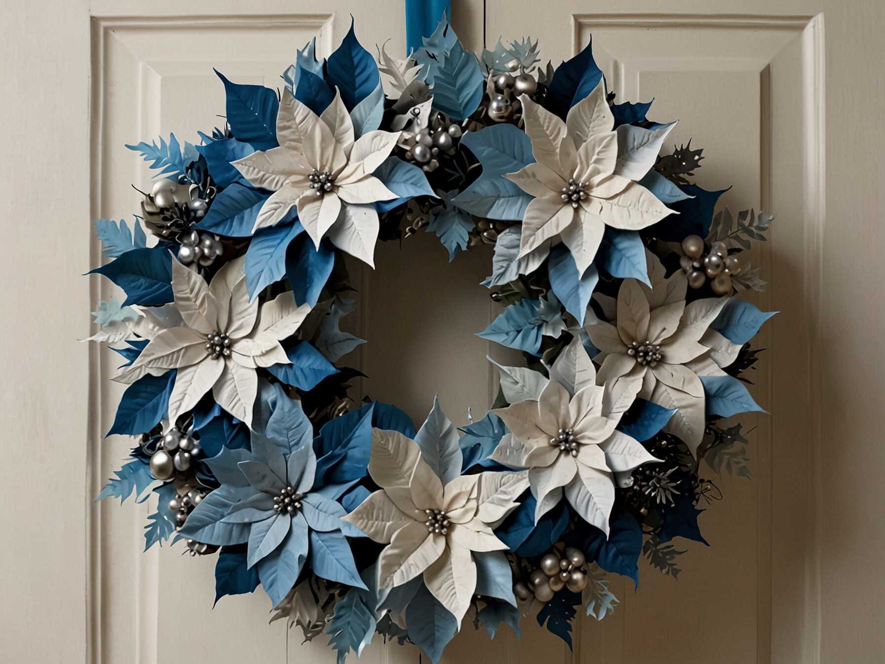  Use blue poinsettias in your wreath. You can find them in craft stores or paint white ones blue.  Mix in some silver or white accents. This adds a touch of elegance to the flowers.  This idea looks stunning. It’s perfect for floral lovers.  