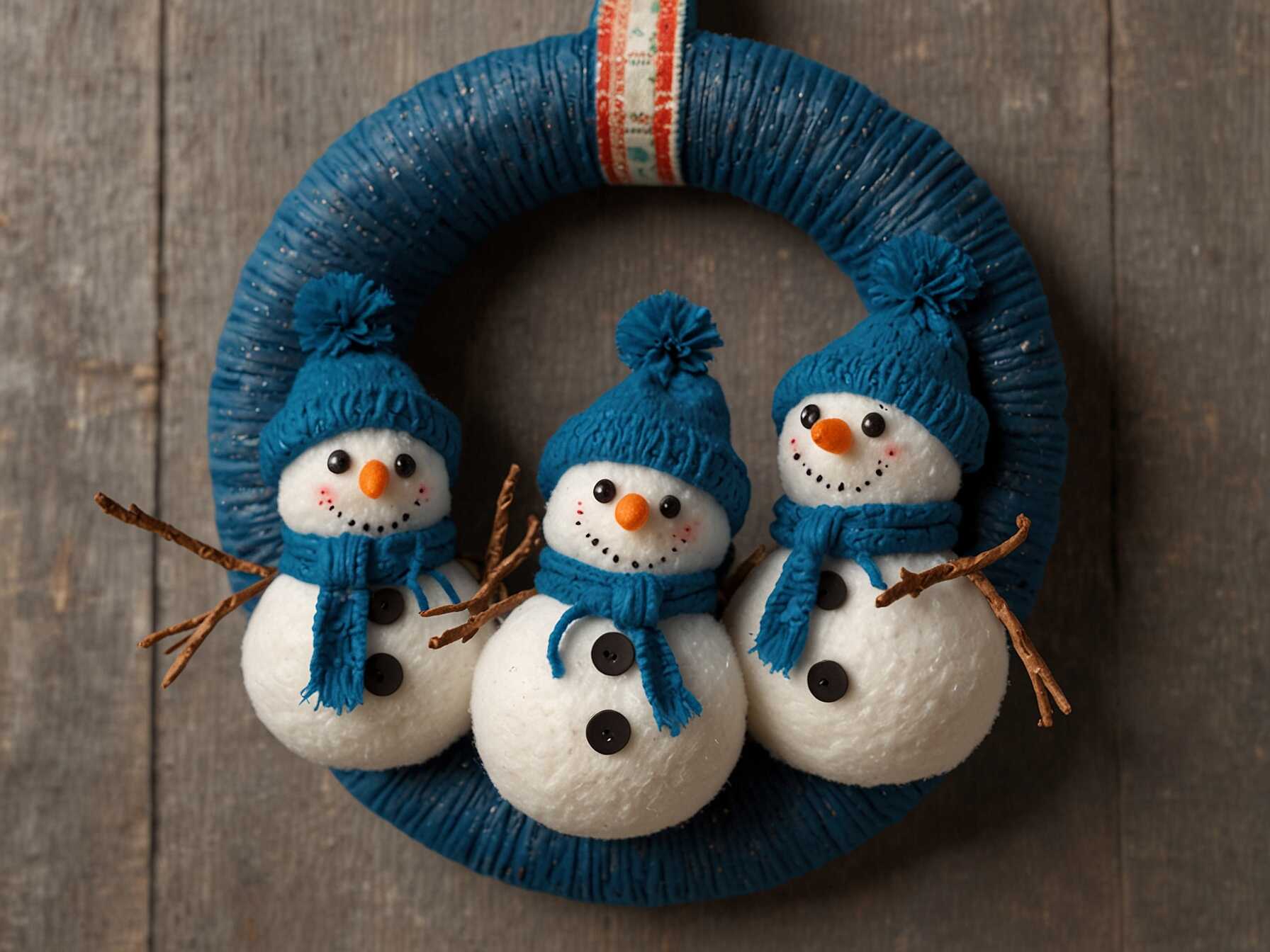  Add tiny blue snowmen to your wreath. You can make them from fabric or buy pre-made ones.  Scatter them around your wreath evenly. Use other winter elements like tiny sleds and mittens.  This playful design is great for families. Kids will love the fun characters.  