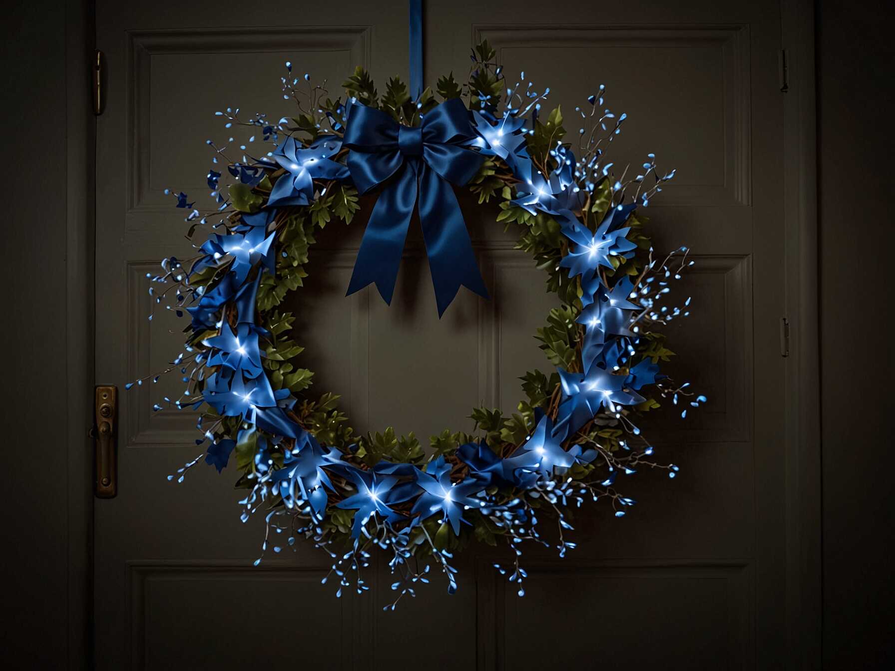  Decorate with blue stars and tiny twinkling lights. You can use battery-operated LED lights for safety.  Scatter the stars around the wreath. The lights make everything glow beautifully.  Perfect for night-time decorations. It adds a magical touch to your home.  