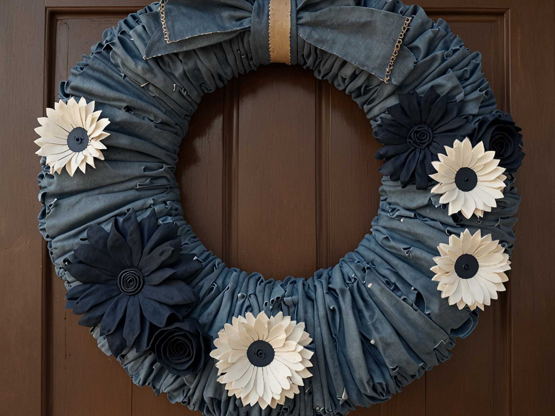  Use denim fabric for a casual look. Wrap strips of denim around your wreath base.  Add some denim flowers or bows. This gives a relaxed, laid-back vibe.  Perfect for casual settings. It adds a touch of comfort and style.  