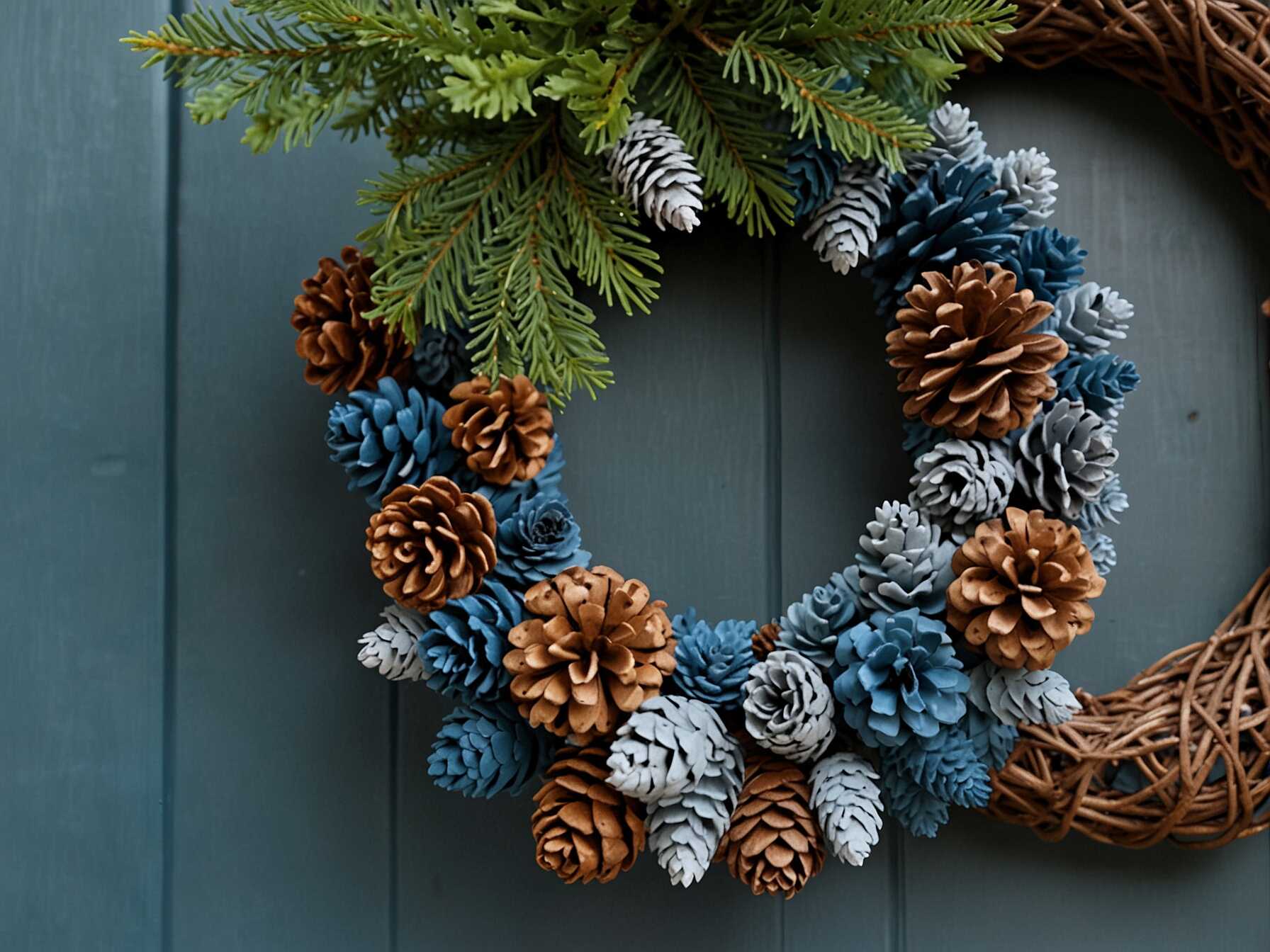  Paint pine cones in shades of blue. Add a frosted look with a touch of white paint or glitter.  Glue them onto your wreath base. You can scatter them evenly for a balanced design.  This idea brings a wintery feel. It also looks great with natural green wreaths.  