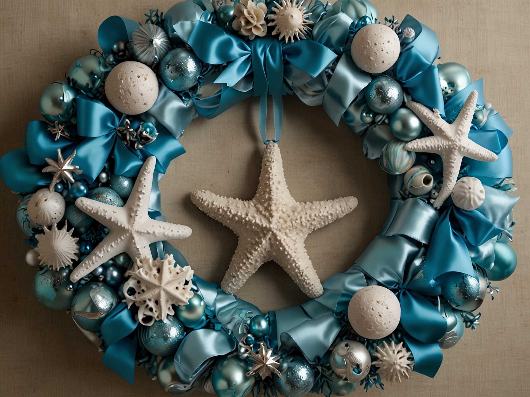  Create an underwater vibe with blue shells and starfish. Mix in some aqua-colored ribbons and ornaments.  Add a few silver elements to mimic the shimmer of water. This beachy theme is refreshing.  Great for coastal homes. It adds a unique twist to traditional wreaths.  