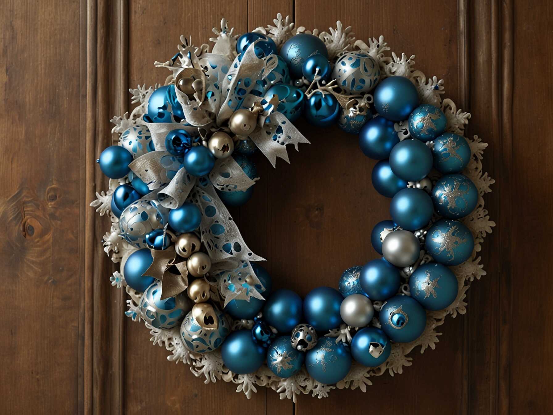  Use vintage blue ornaments for a classic look. Mix in some old-fashioned bells and baubles.  Wrap the wreath with a vintage lace ribbon. The result feels nostalgic and warm.  Ideal for those who love antique styles. It adds a blend of charm and history.  