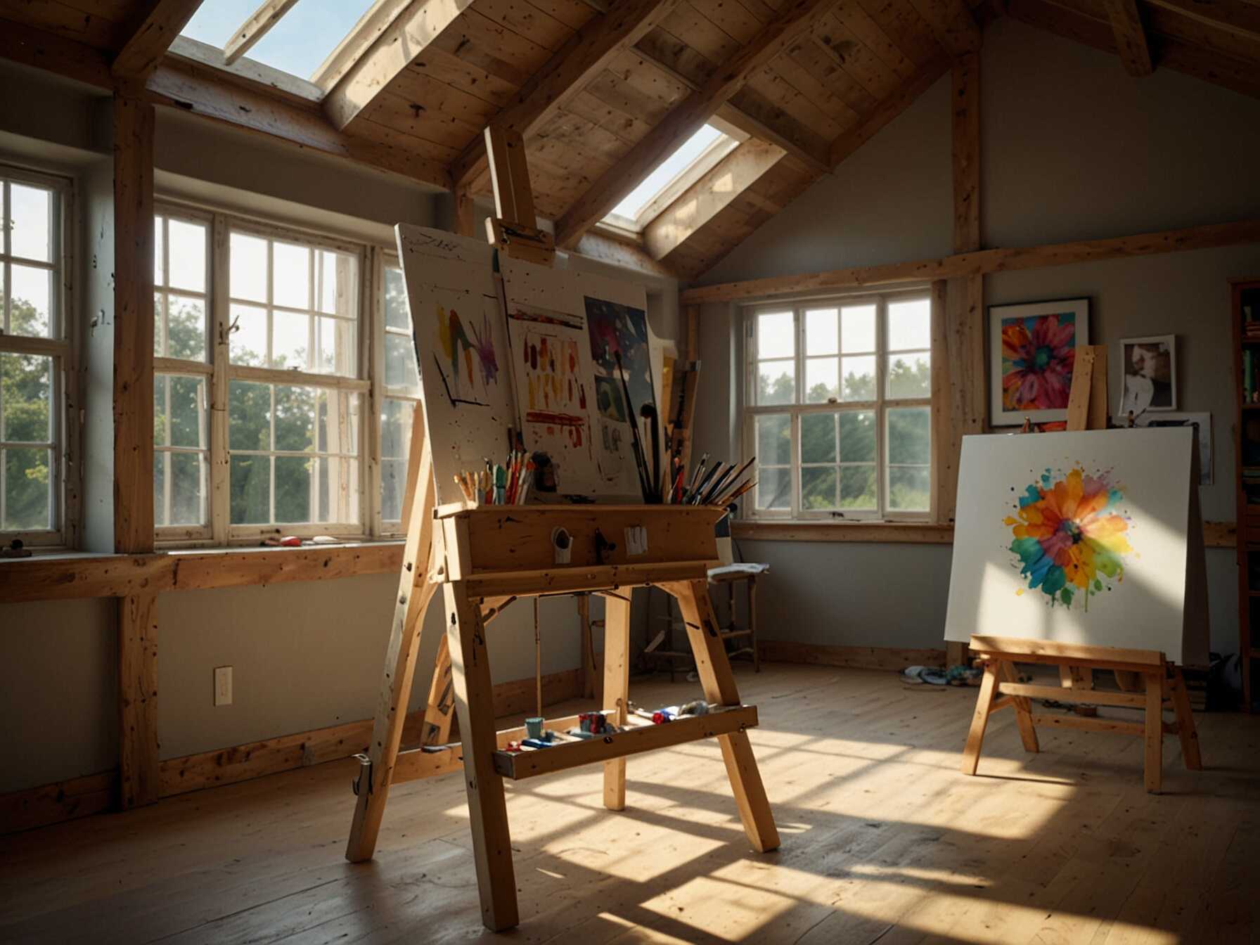 Set up an art studio in your attic. Use natural light by placing your easel near windows. Store art supplies in shelves and drawers for easy access.  