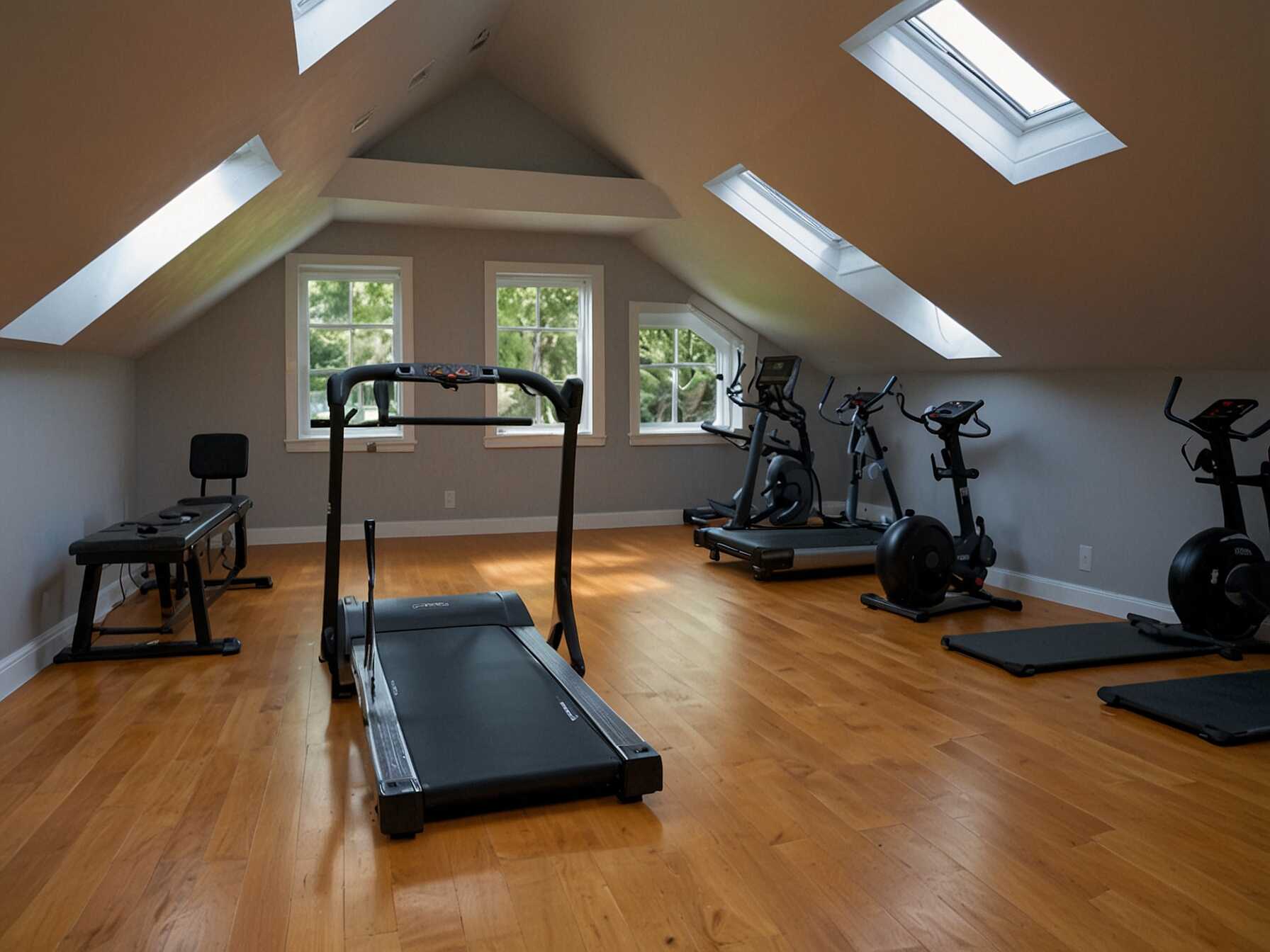 Make your attic a home gym. Use padded flooring and good ventilation. Add equipment like treadmills, free weights, and yoga mats.  