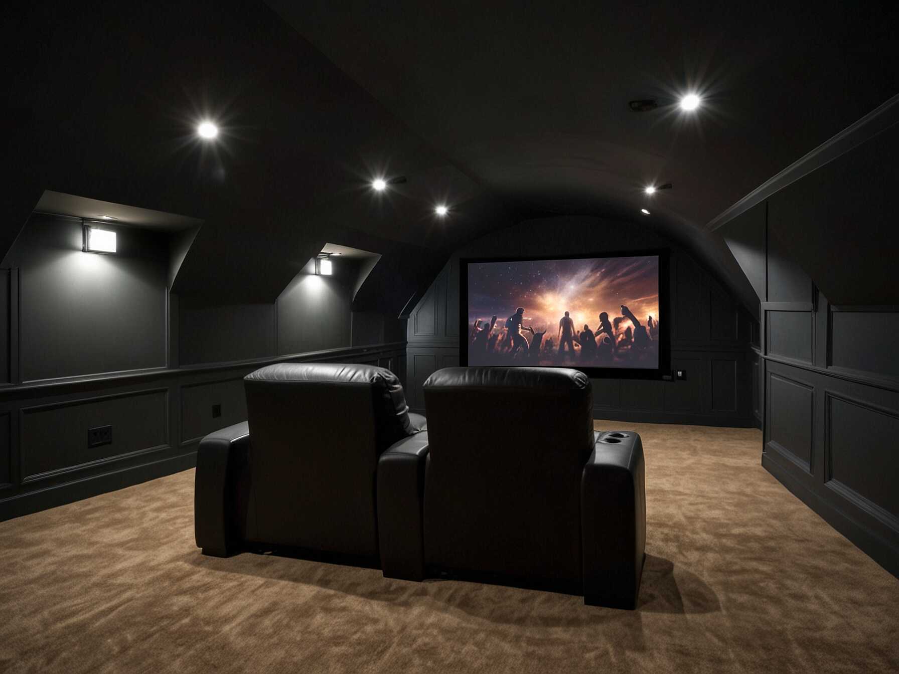 Transform your attic into a home theater. Install a projector and comfy seating. Use dark colors and soundproofing to enhance the experience.  