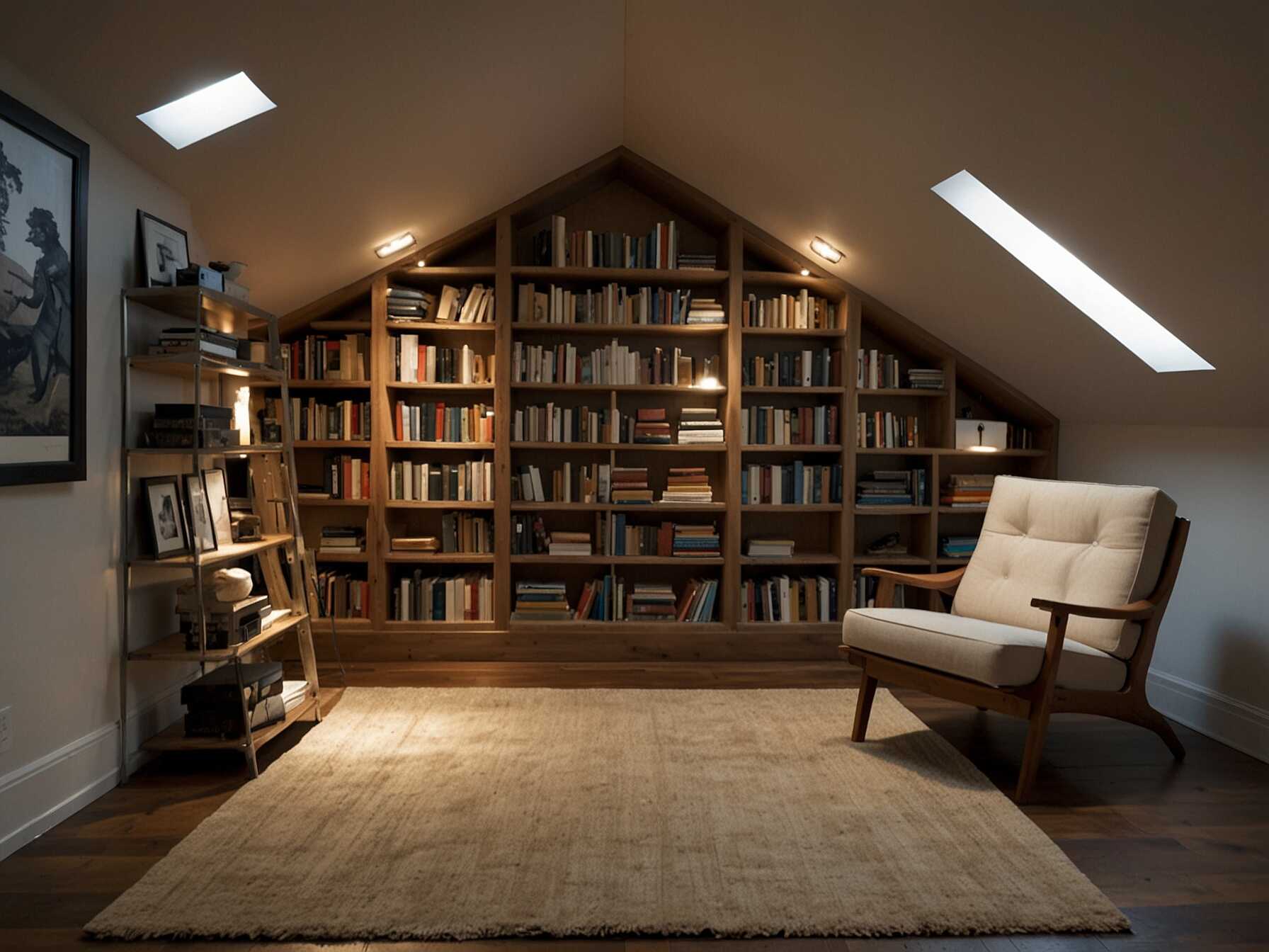 Turn your attic into a personal library. Install ample shelving for books. Add a comfortable chair and good lighting for reading.  