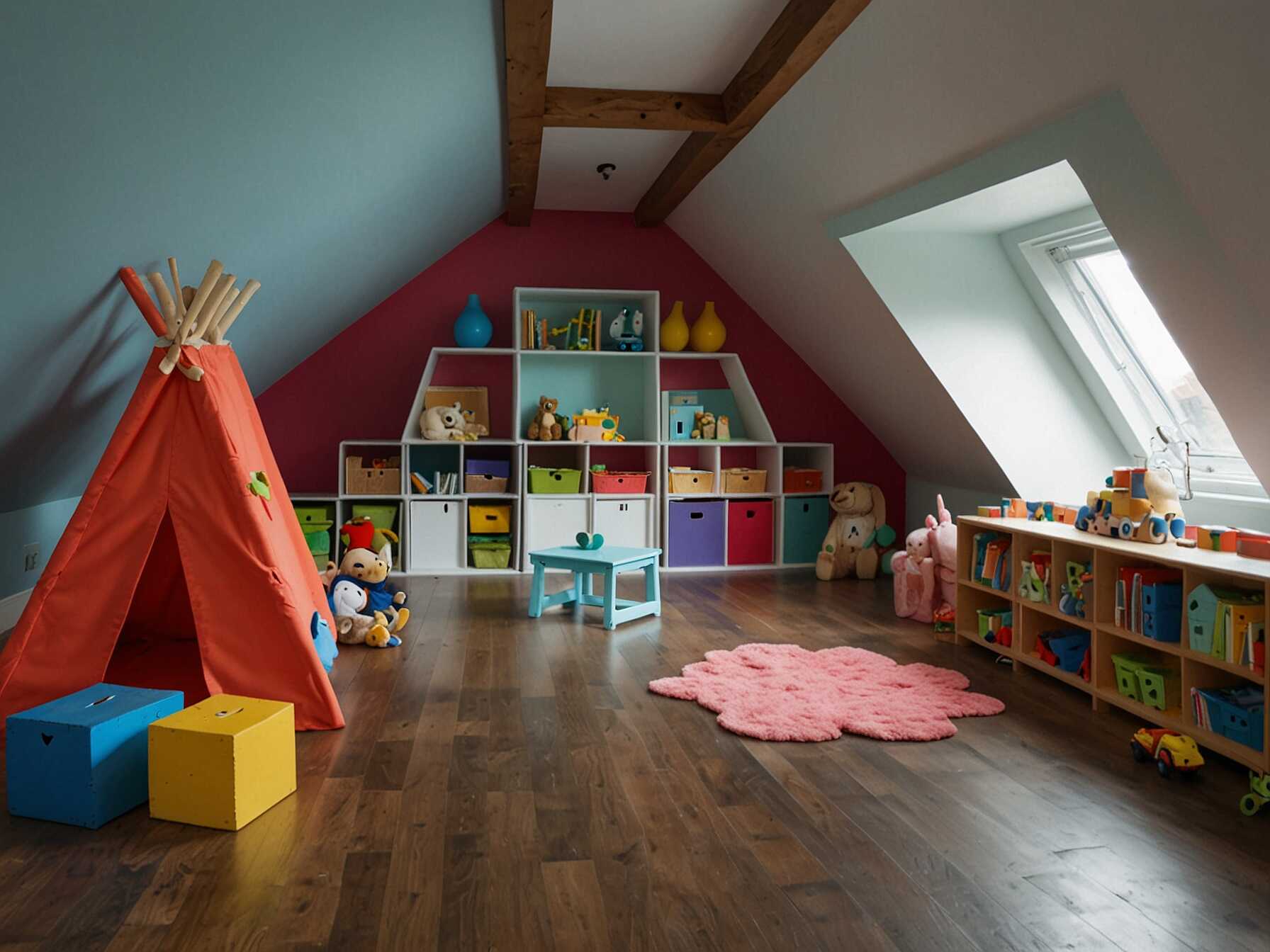 Create a fun playroom for your kids in the attic. Use bright colors and child-friendly furniture. Add storage for toys to keep it organized.  