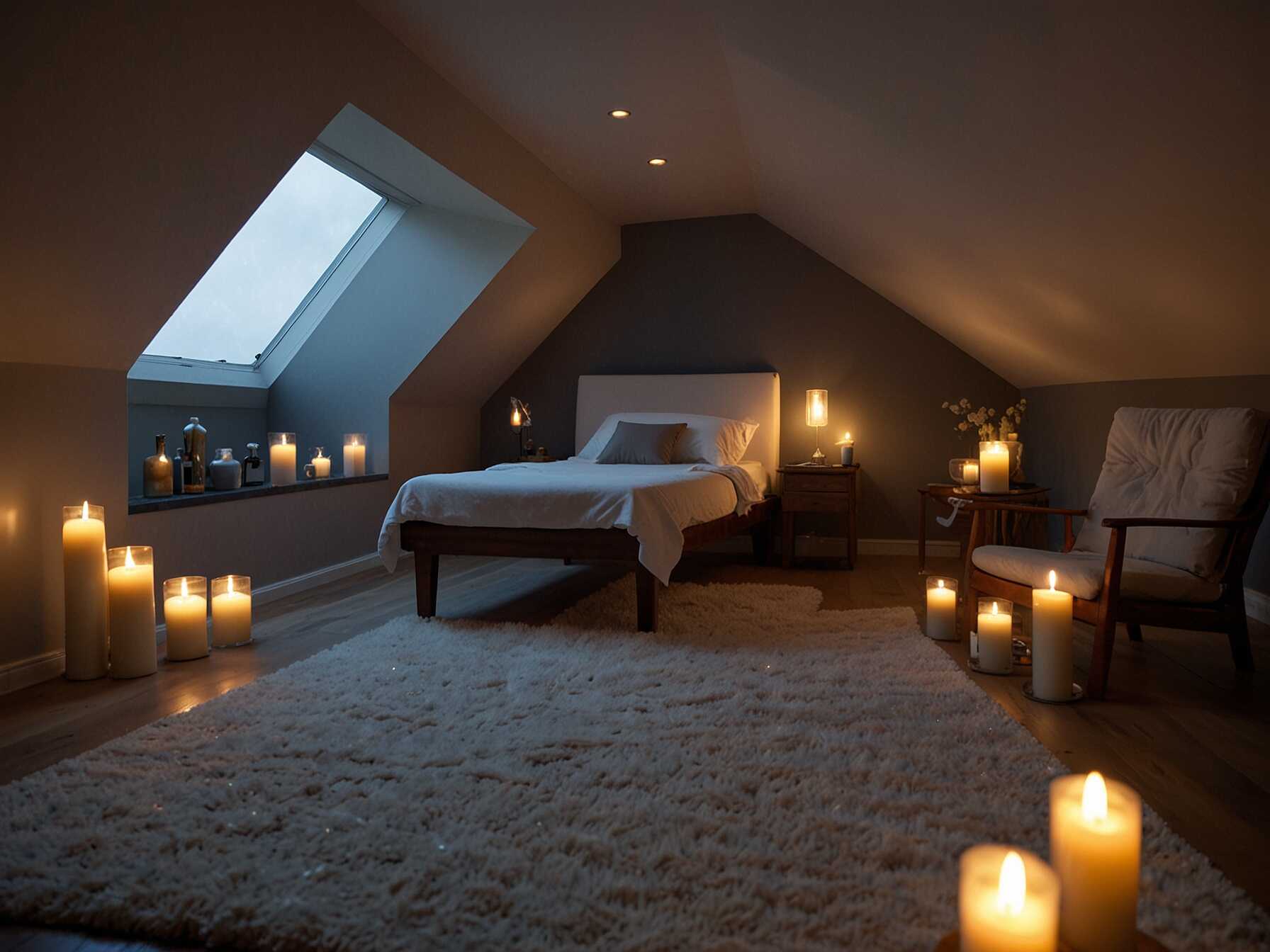 Turn your attic into a spa retreat. Use soft lighting and calming colors. Add a massage chair, a foot spa, and some scented candles.  