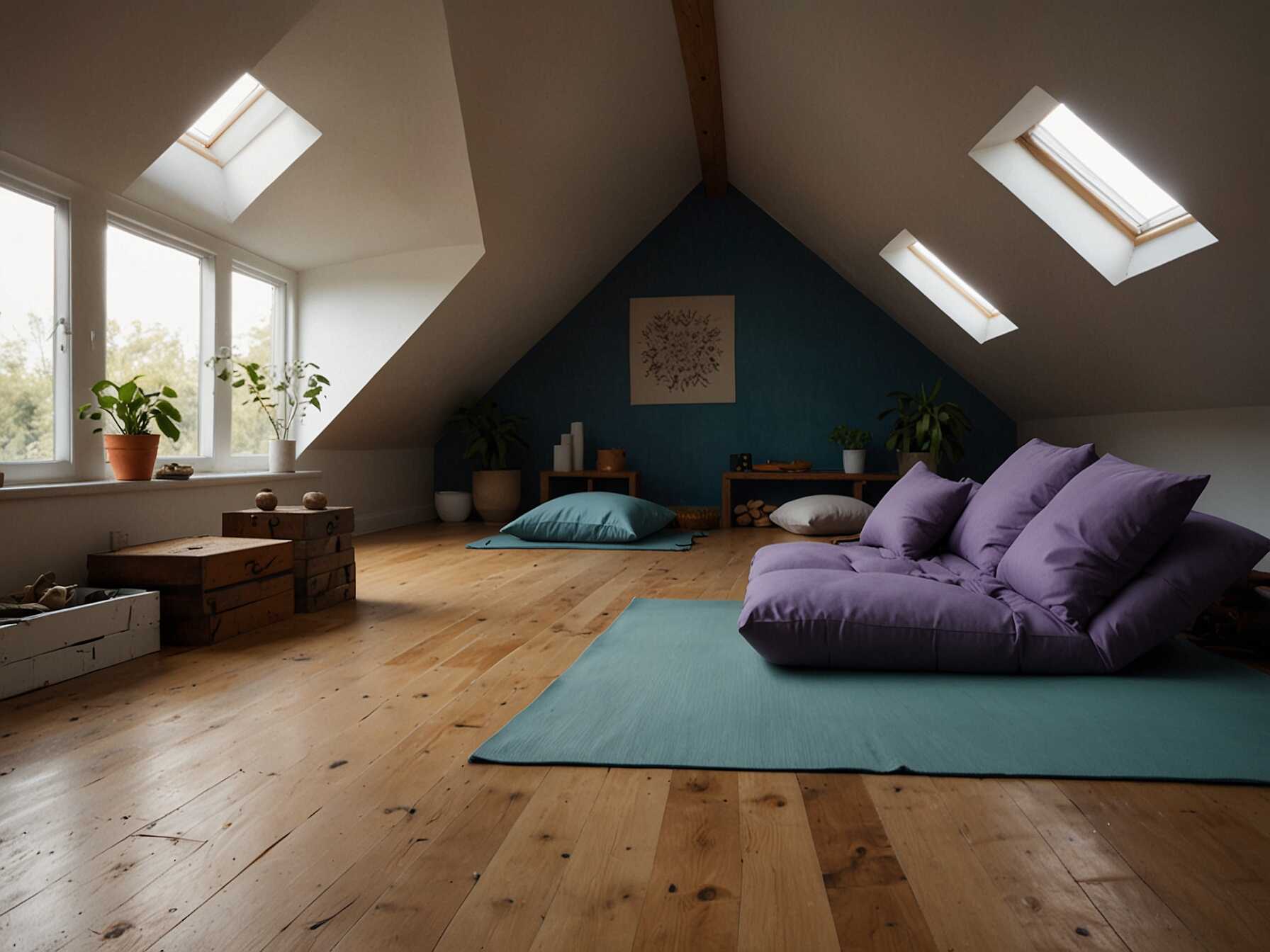 Make your attic a serene yoga and meditation space. Use calming colors and minimal decor. Add mats, cushions, and a small sound system for your sessions.  