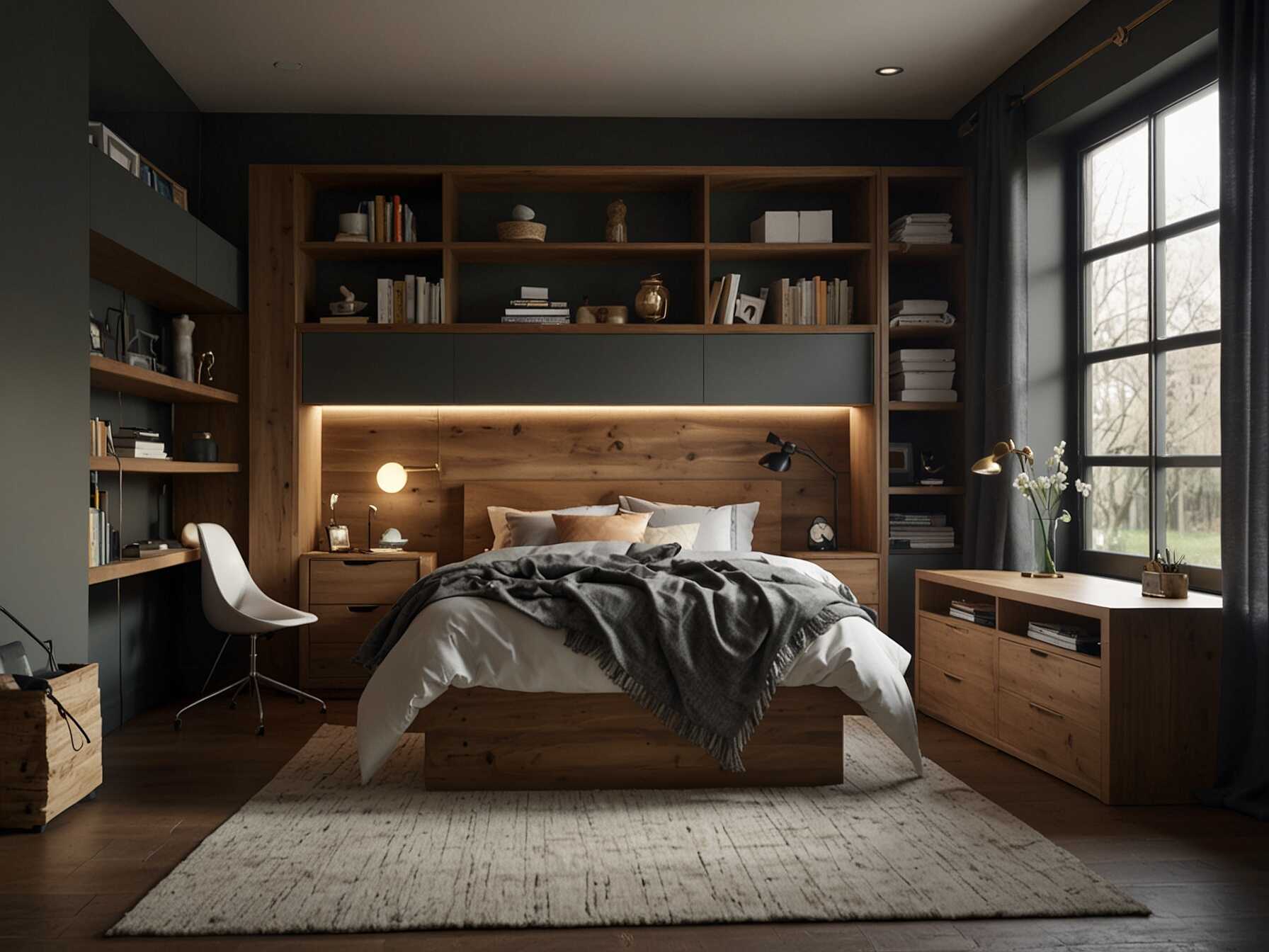 Use multi-functional furniture to maximize space in your bedroom. Choose pieces like a bed with storage drawers, a desk that doubles as a vanity, or a nightstand with built-in shelves.  