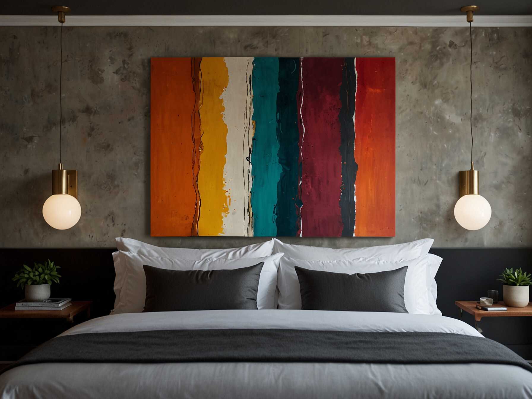 Make a statement with bold wall art. Choose a large piece that you love and hang it above your bed. It can be a beautiful painting, a tapestry, or framed photos.  