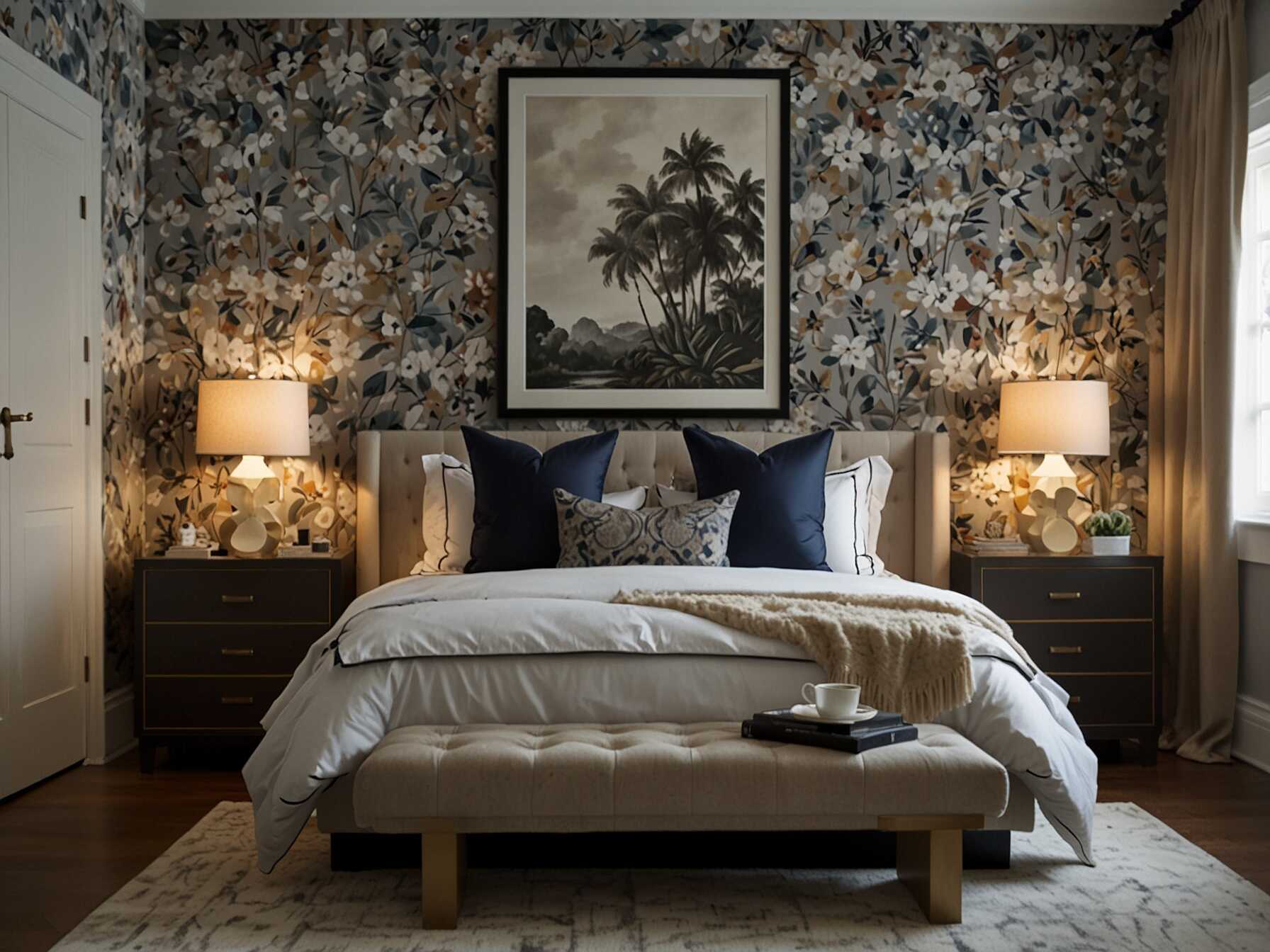 Transform your bedroom with wallpaper. Choose a pattern that you love and apply it to one wall for an accent or cover all walls for a bold look. It adds texture and personality to the space.  