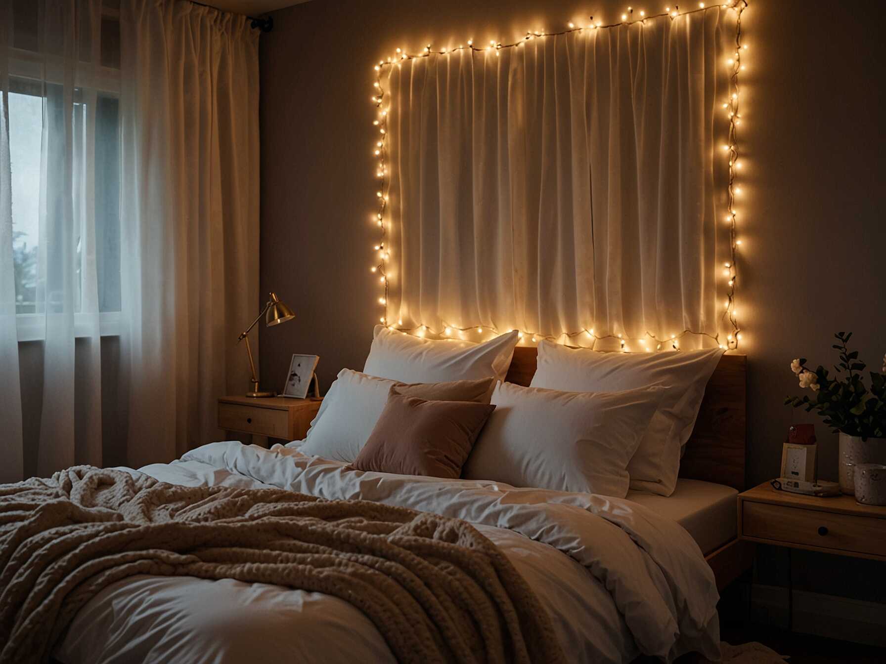 Choose warm lighting to create a relaxing mood in your bedroom. Use table lamps, string lights, or fairy lights. Avoid harsh overhead lights.  