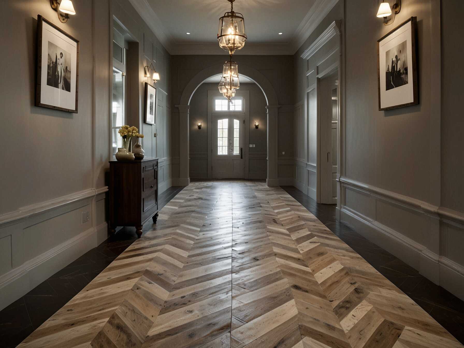 Consider patterned flooring for a unique look. Tiles with geometric shapes or classic herringbone wood can be great choices. They can make the hallway stand out.  