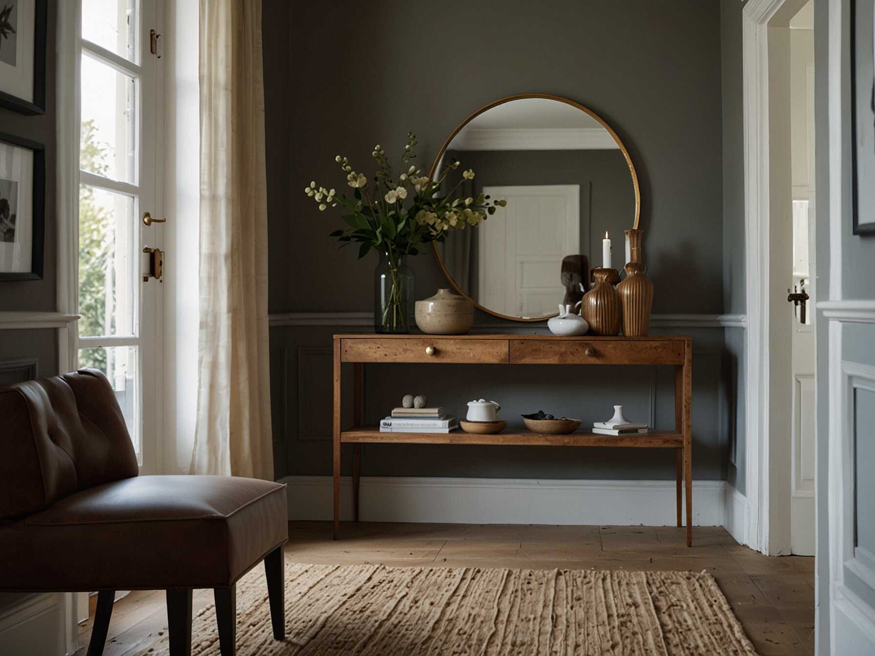 Add the right furniture to your hallway. A narrow console table or a slim bench can be both functional and decorative. This keeps the hallway stylish and useful.  